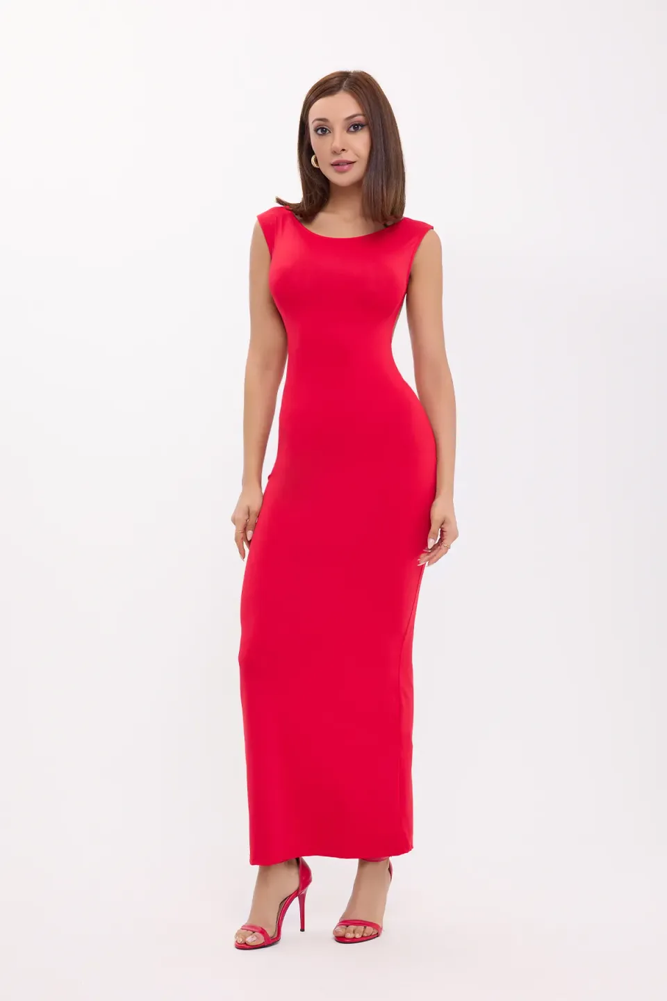 Bodycon Maxi Dress with Round Neck and Backless Detail