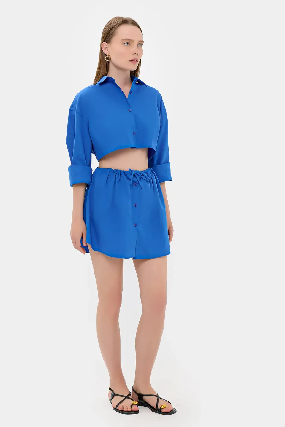 High Waist Drawstring Buttoned Mini Skirt