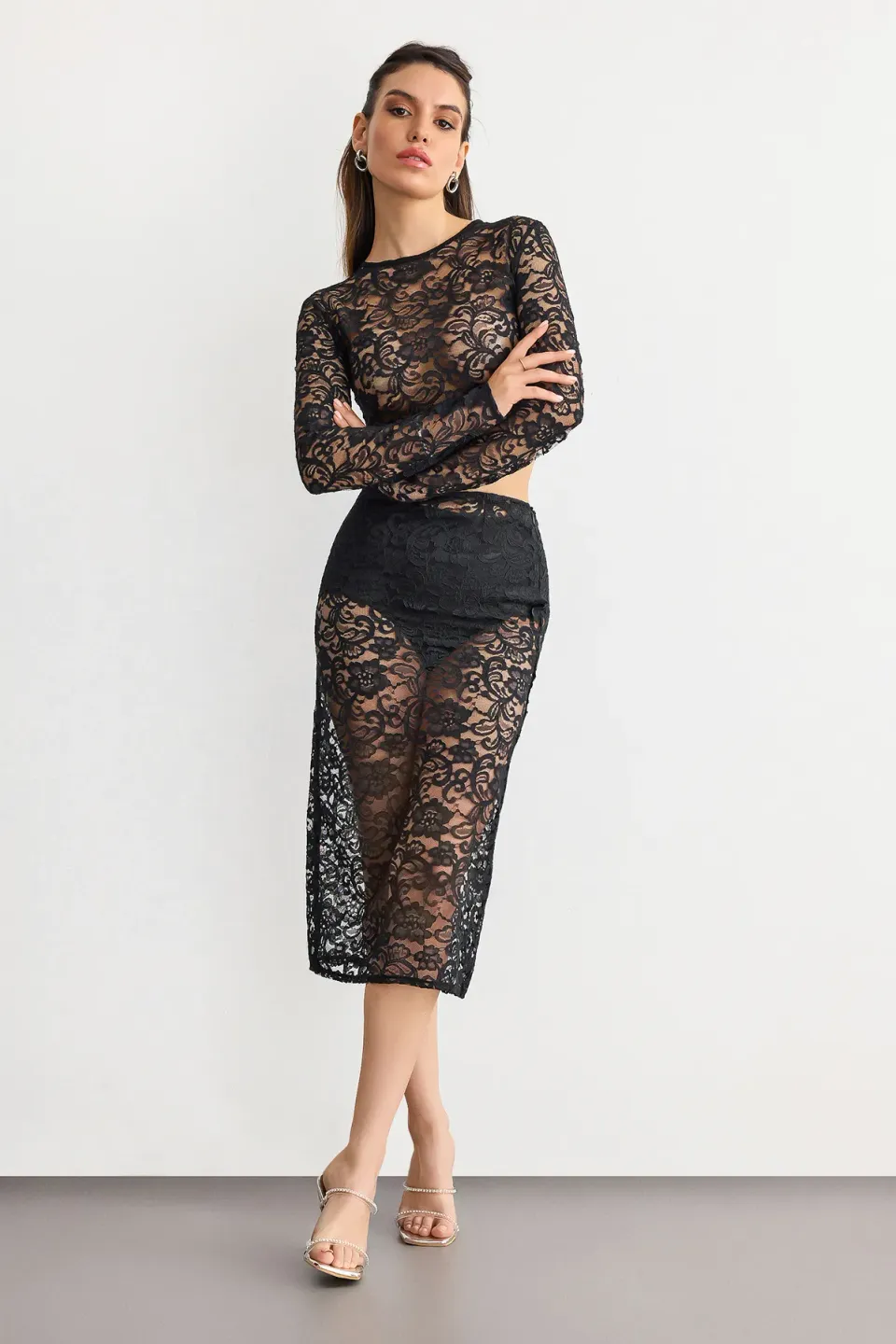 High-Waist Midi Skirt Lace Coords Set