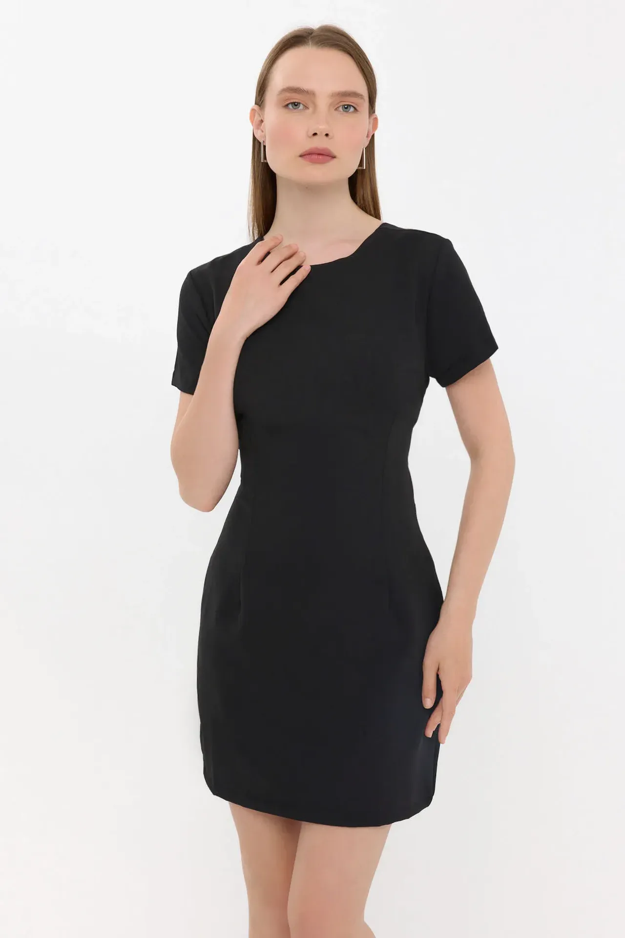 Short Sleeve Round Neck Mini Dress with Back Detail