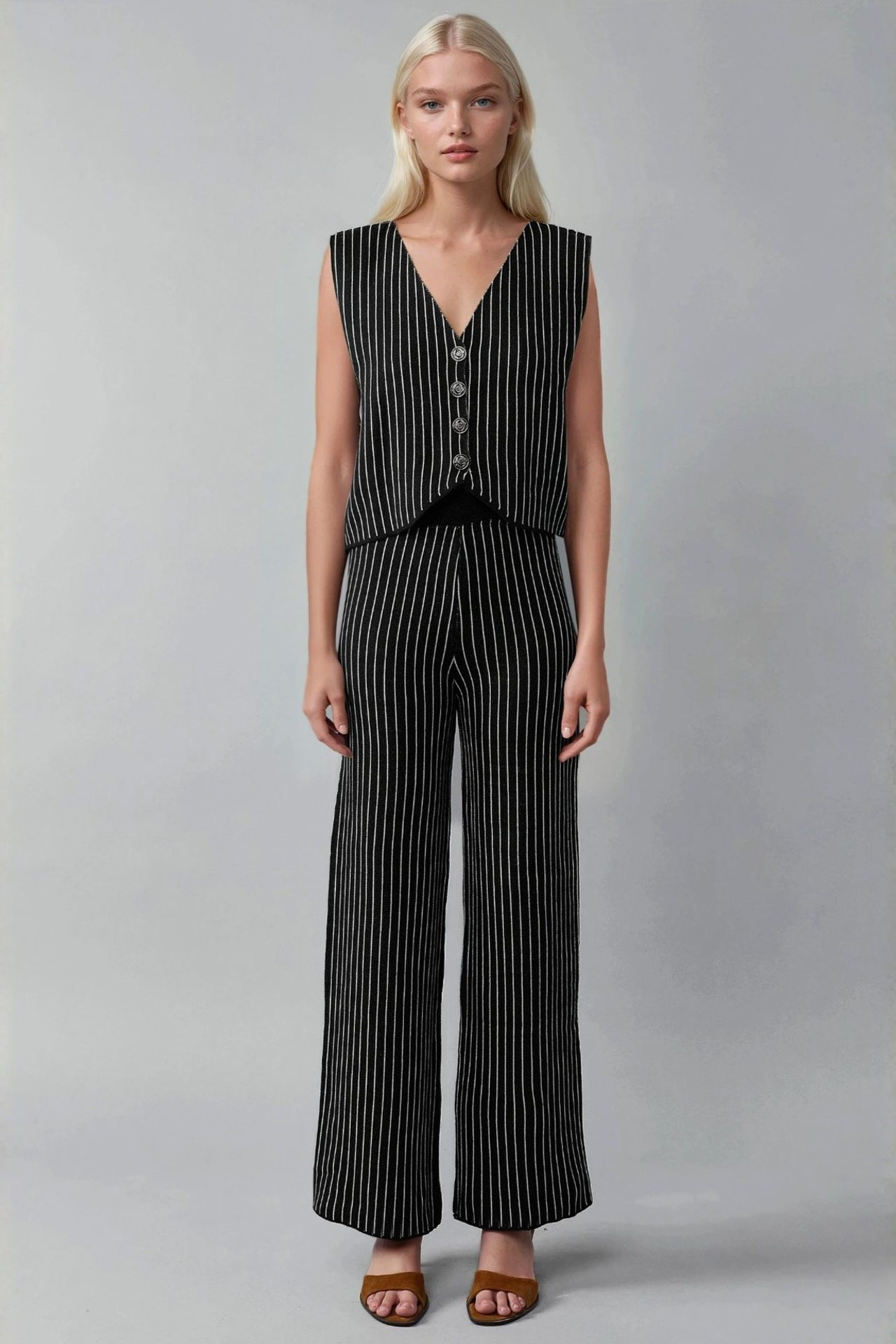 MY FASHION Striped Knit Co-Ord Set with V-Neck Vest and Wide Leg Pants 5