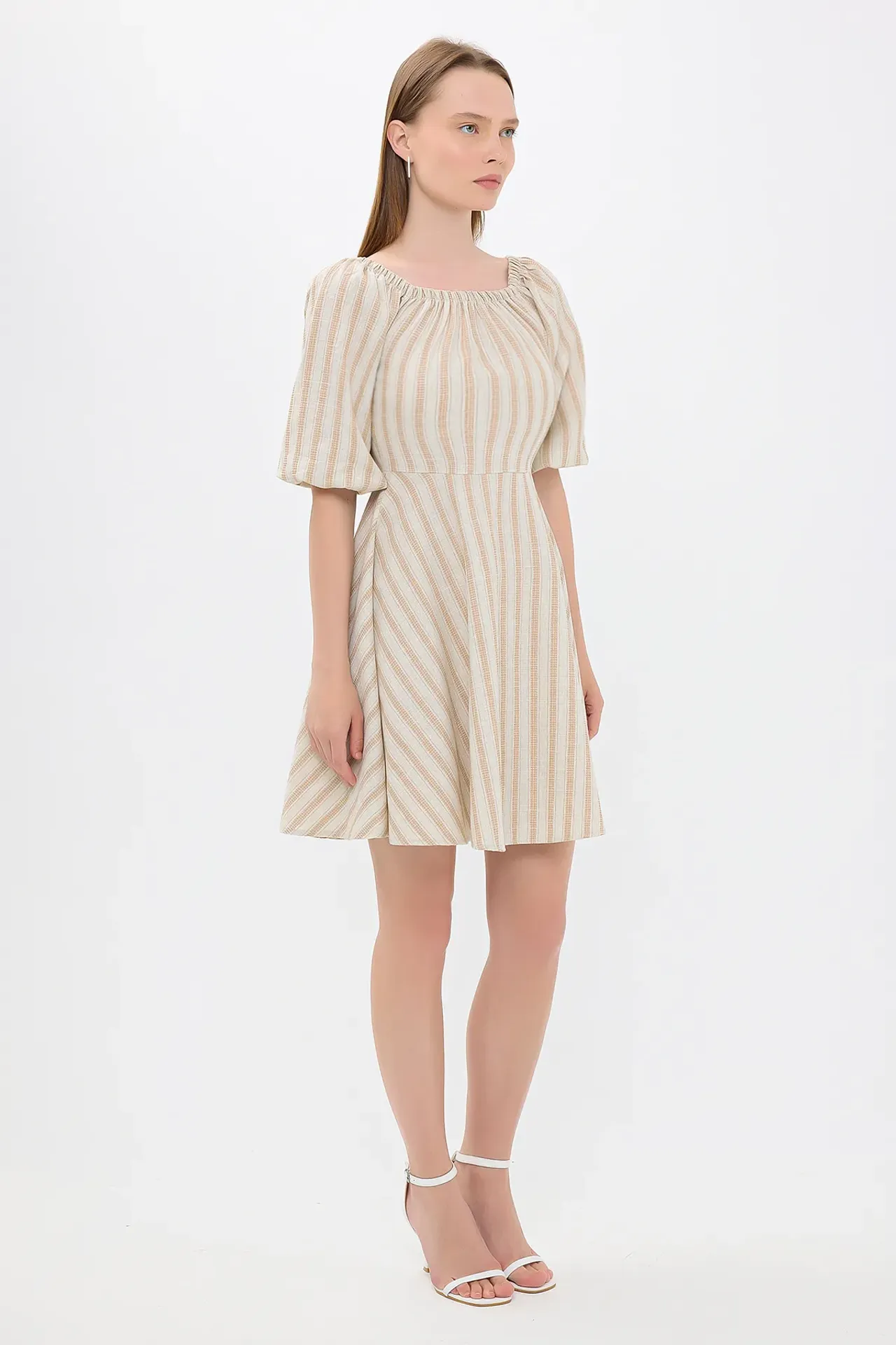 Striped Off Shoulder Balloon Sleeves Mini Dress