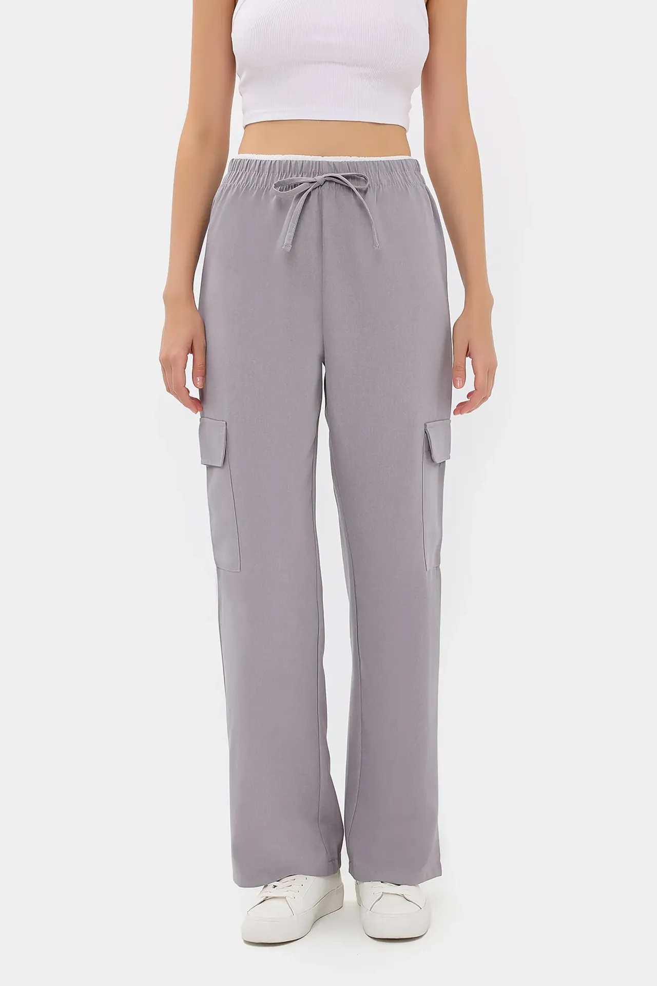 High-Waist Straight-Leg Trousers with Elastic Waistband and Belt Detail