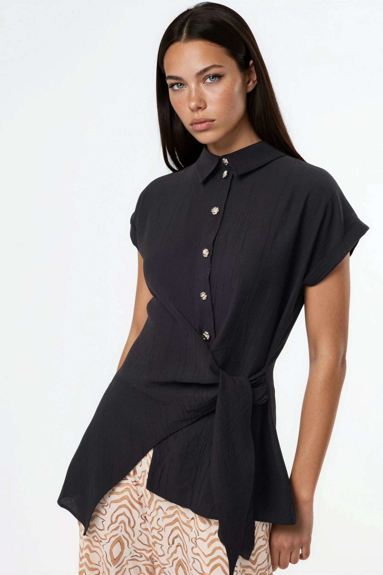 BUSEM Textured Woven Blouse with Tie Detail 1