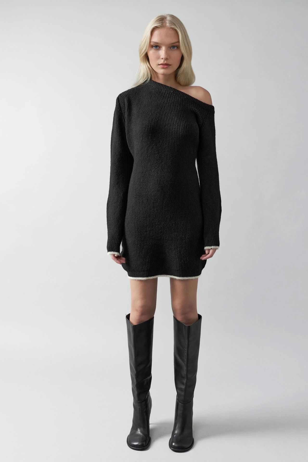 MY FASHION Asymmetrical Collar Ribbed Knit Dress 7