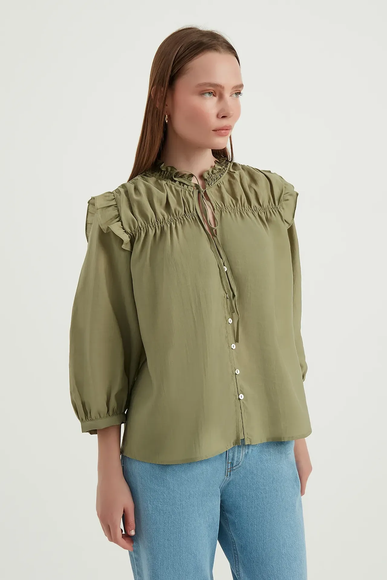 High Neck Drawstring Ruffle Vintage Shirt