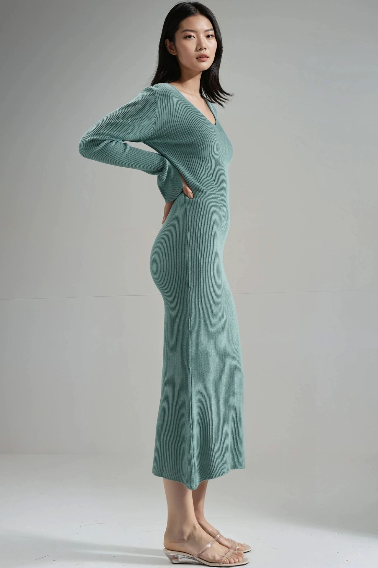 MY FASHION V-Neck Textured Maxi Knit Dress with Slit 2
