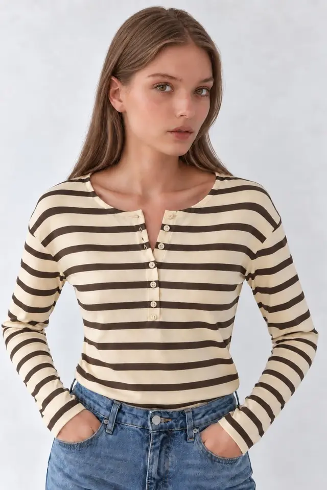 Striped Button Neck T-Shirt