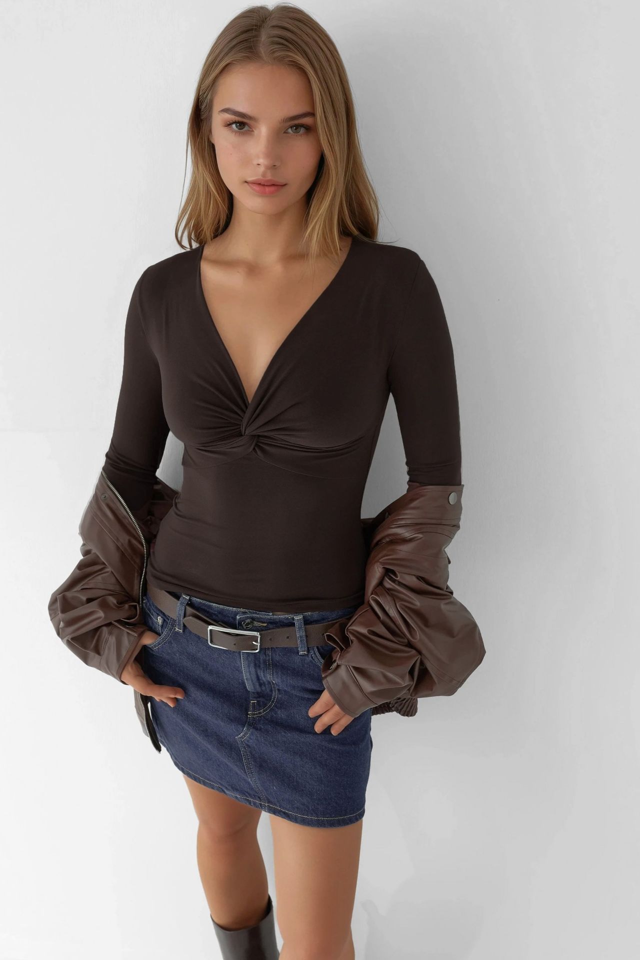 V-Neck Twist-Front Long Sleeve Top