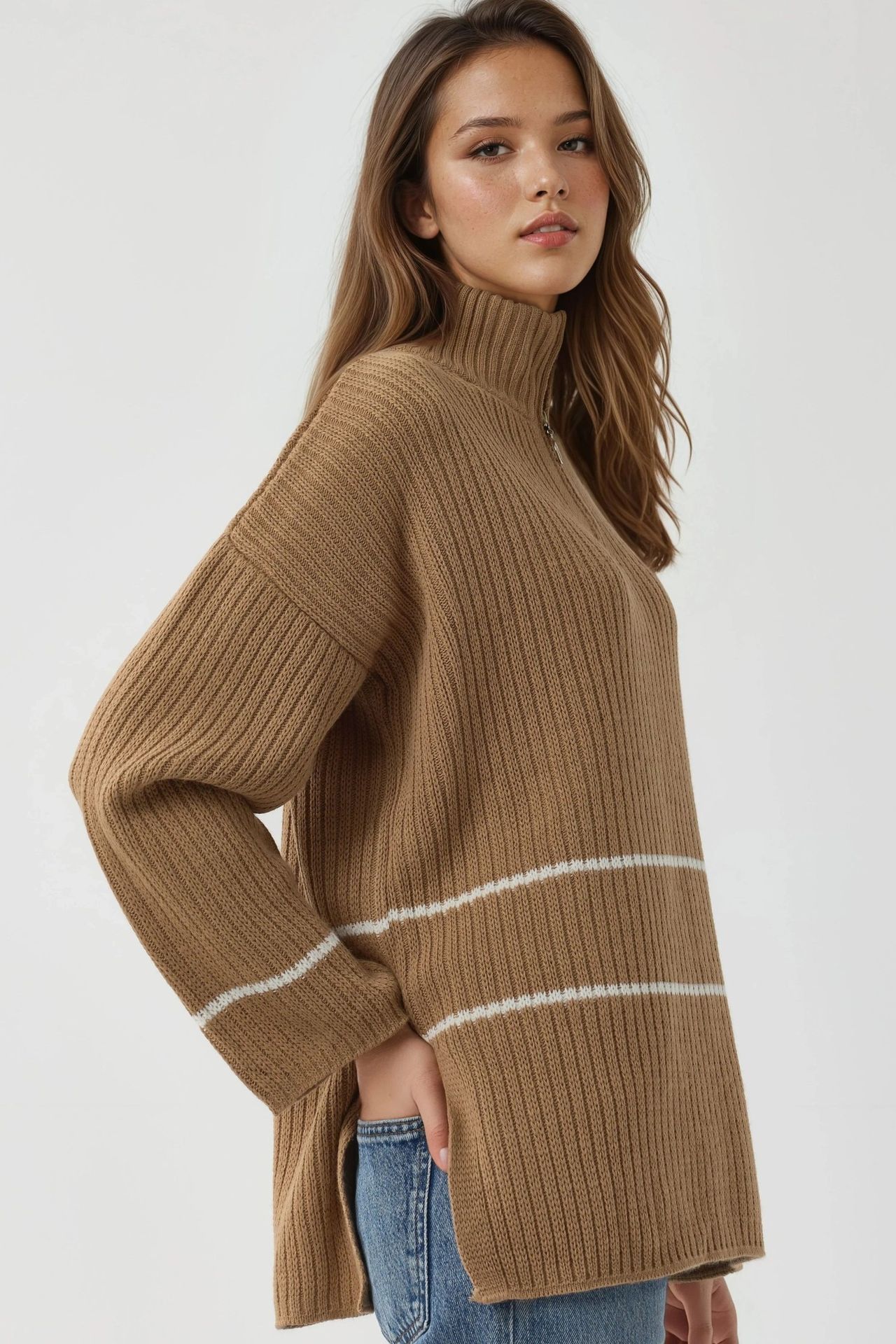MY FASHION Loose Fit Striped Sweater with Zipper Collar 2