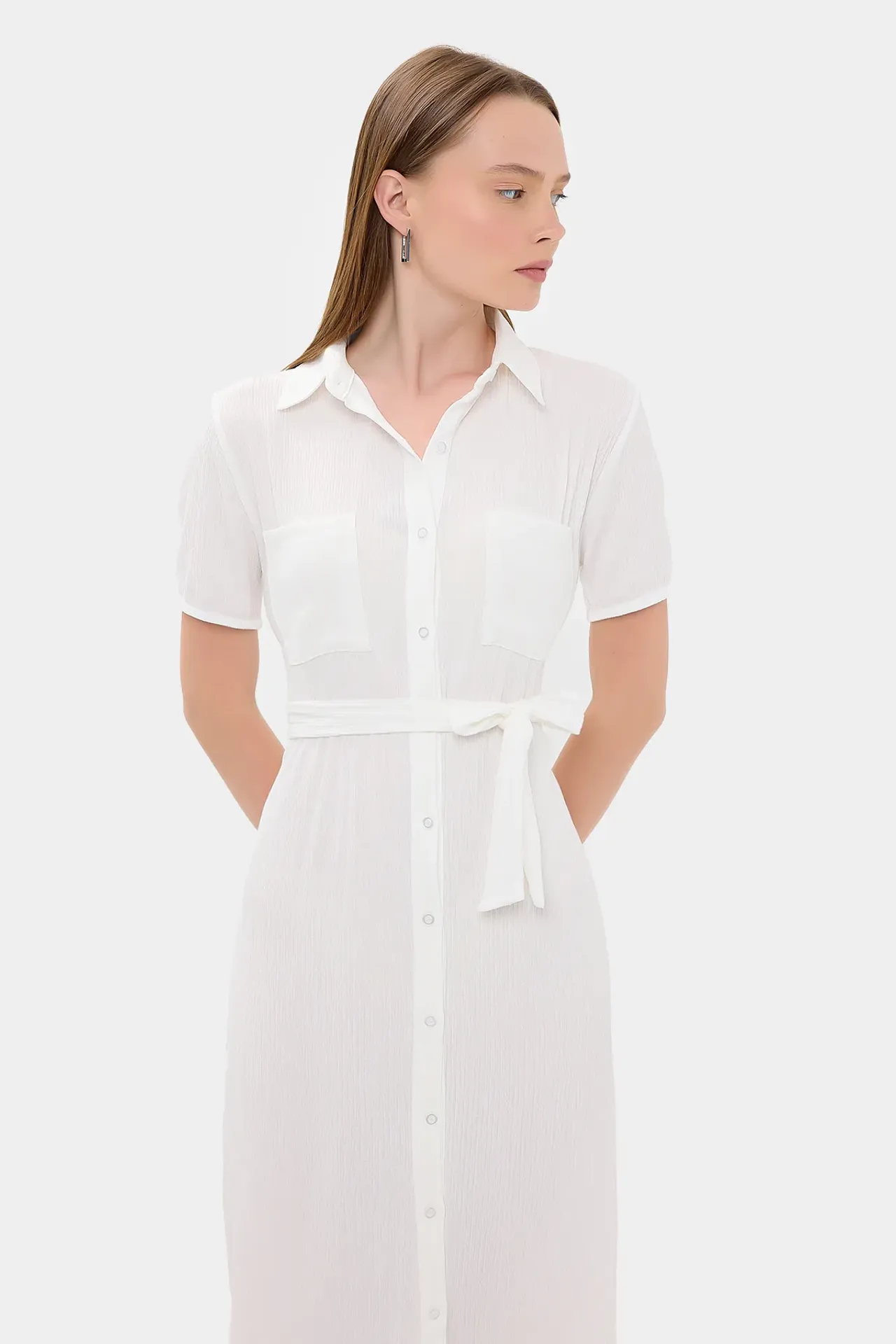Midi Belted Shirt Dress with a Front Slit
