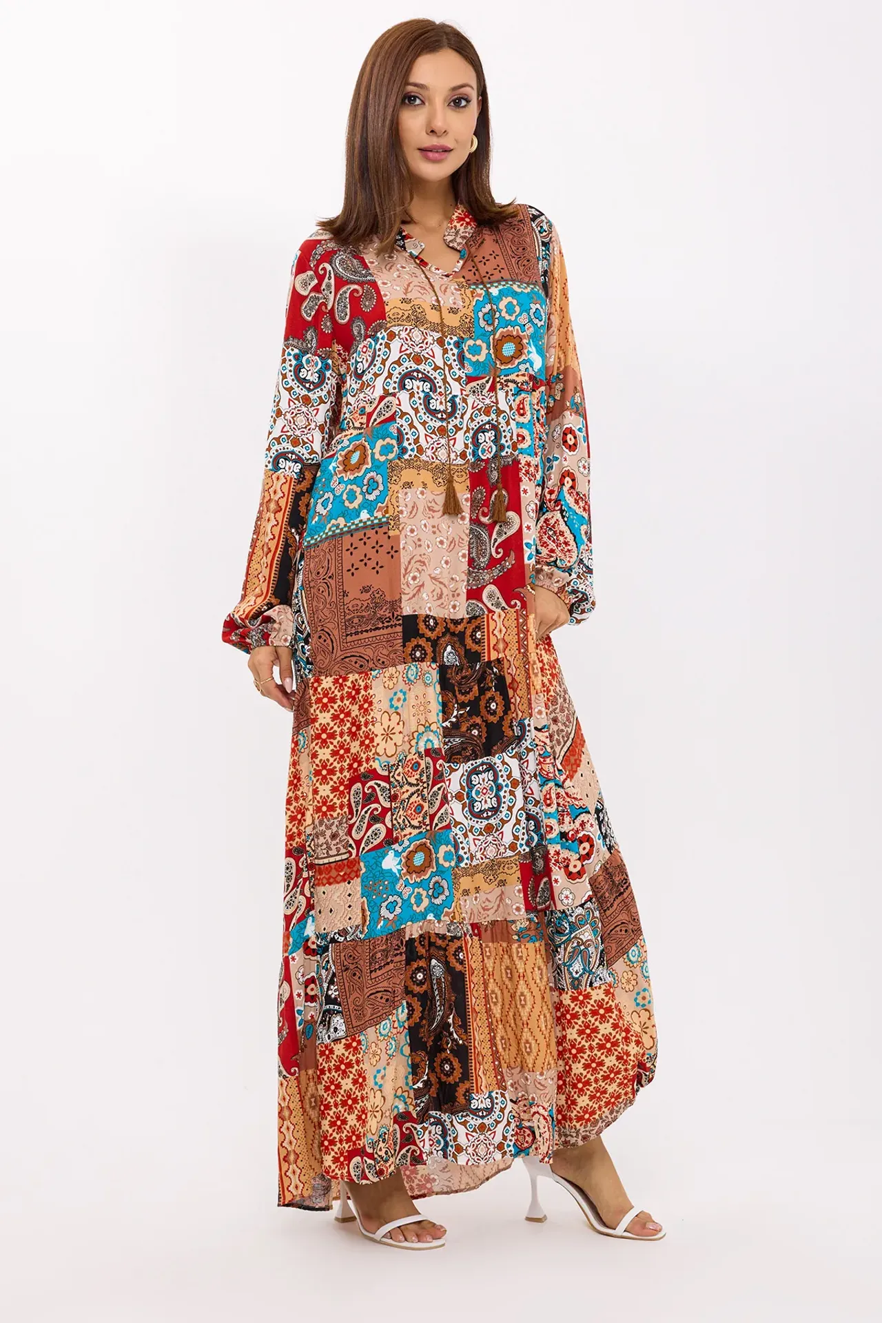 Abstract Tie-Front Maxi Tunic Dress