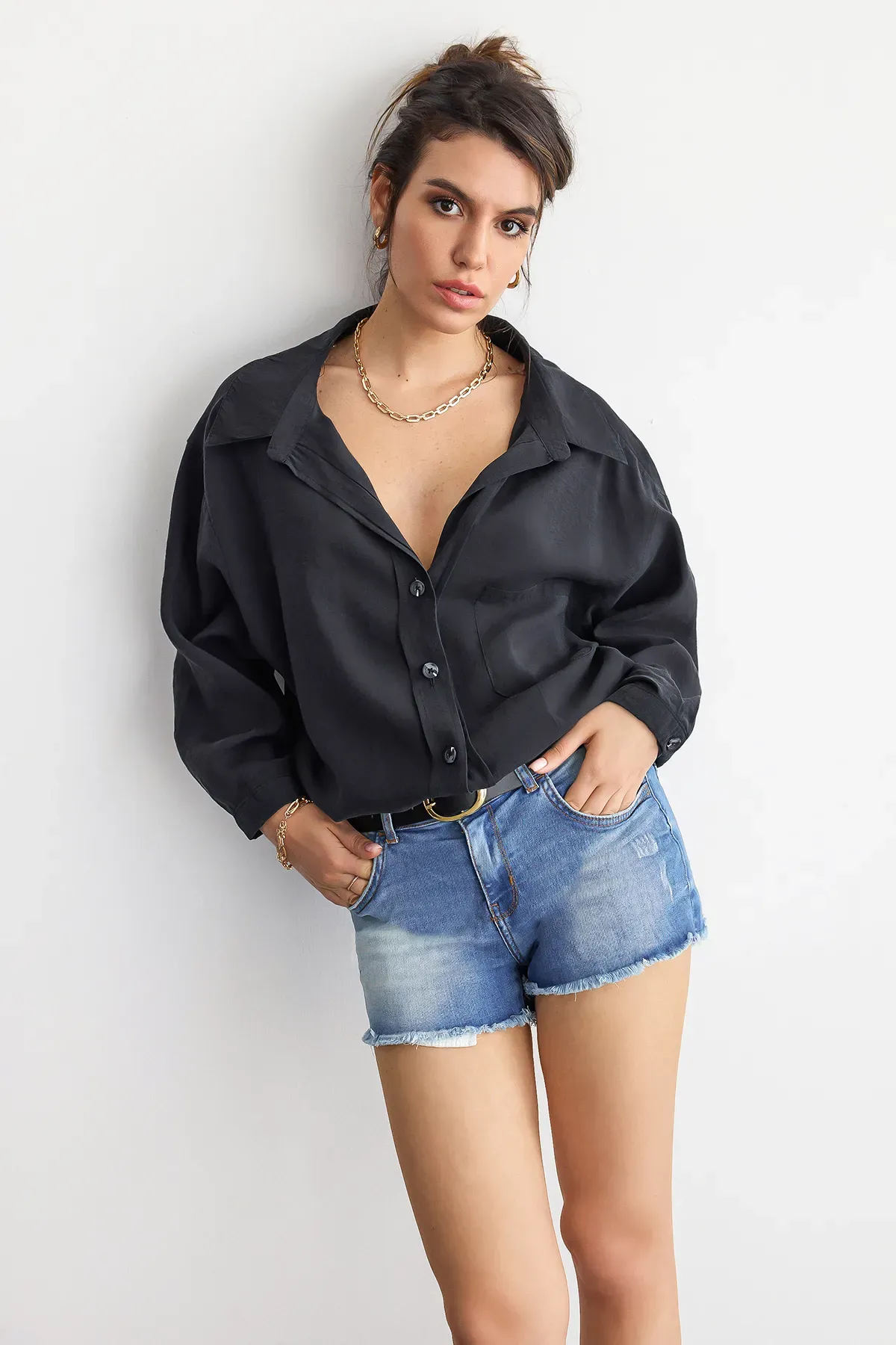 Oversized Velvet Shirt with Button Detail 2