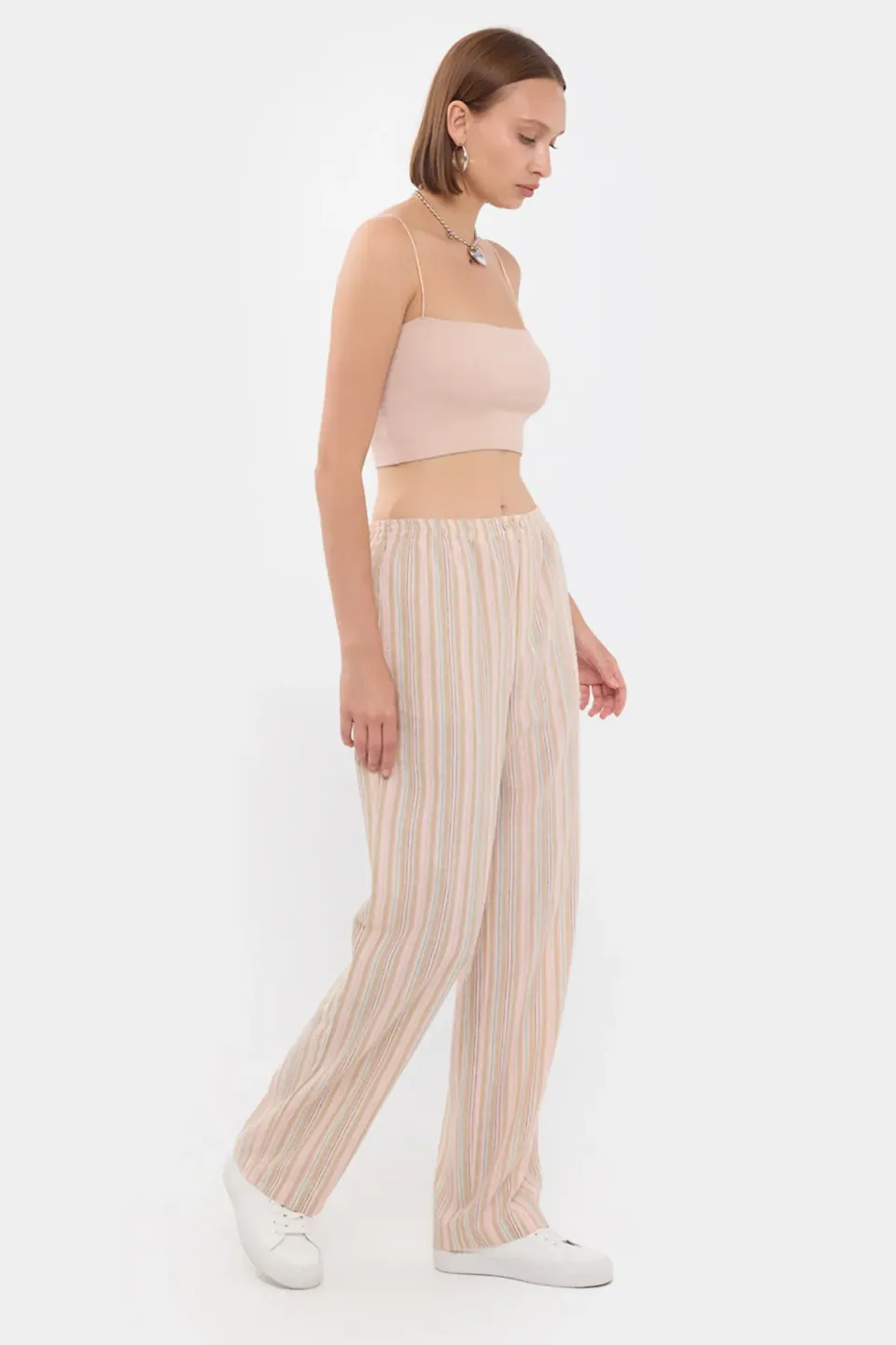 High-Waist Striped Woven Trousers with Elastic Waist and Button Detail
