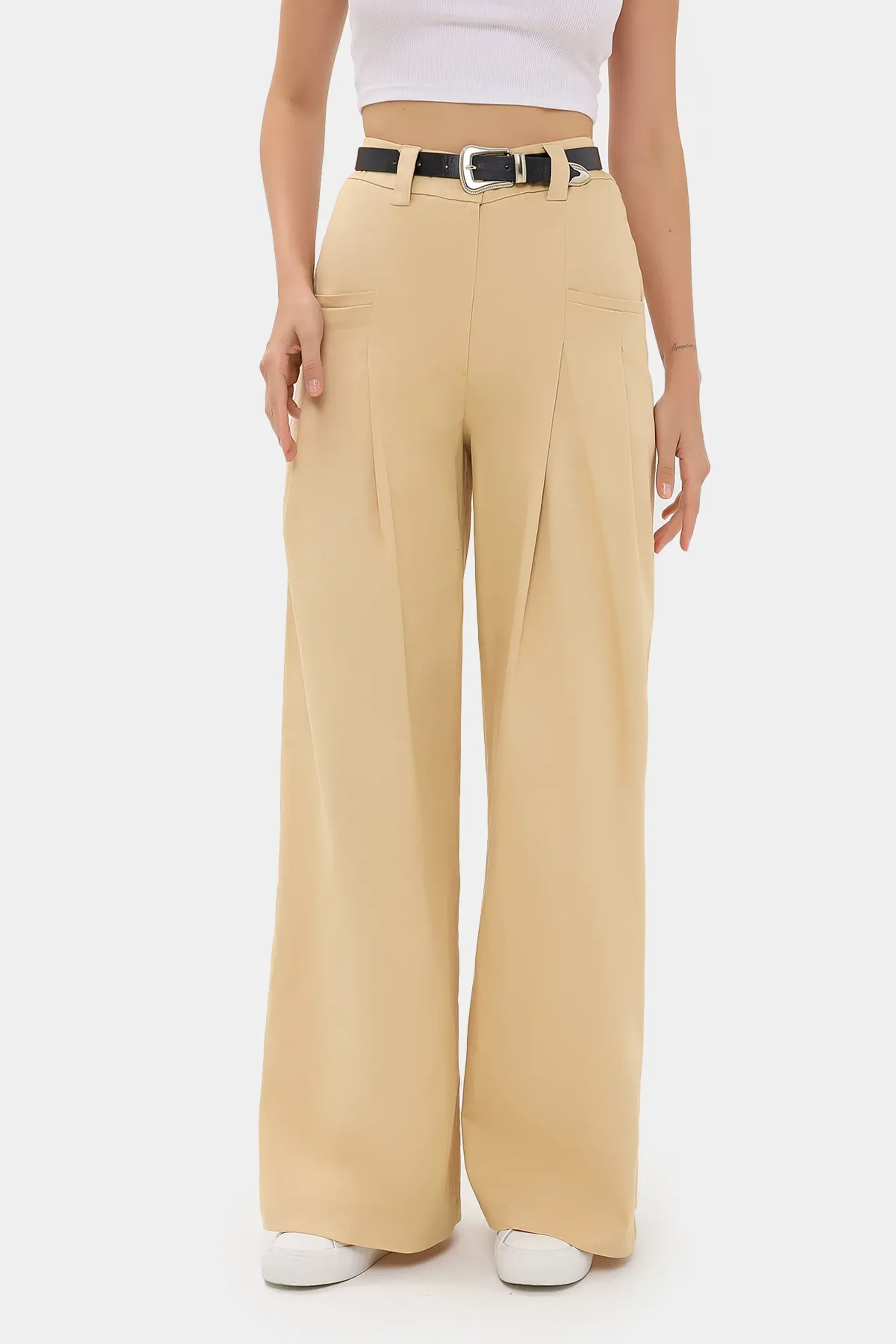 Natural Pleated Wide-leg High-waist Trousers Women