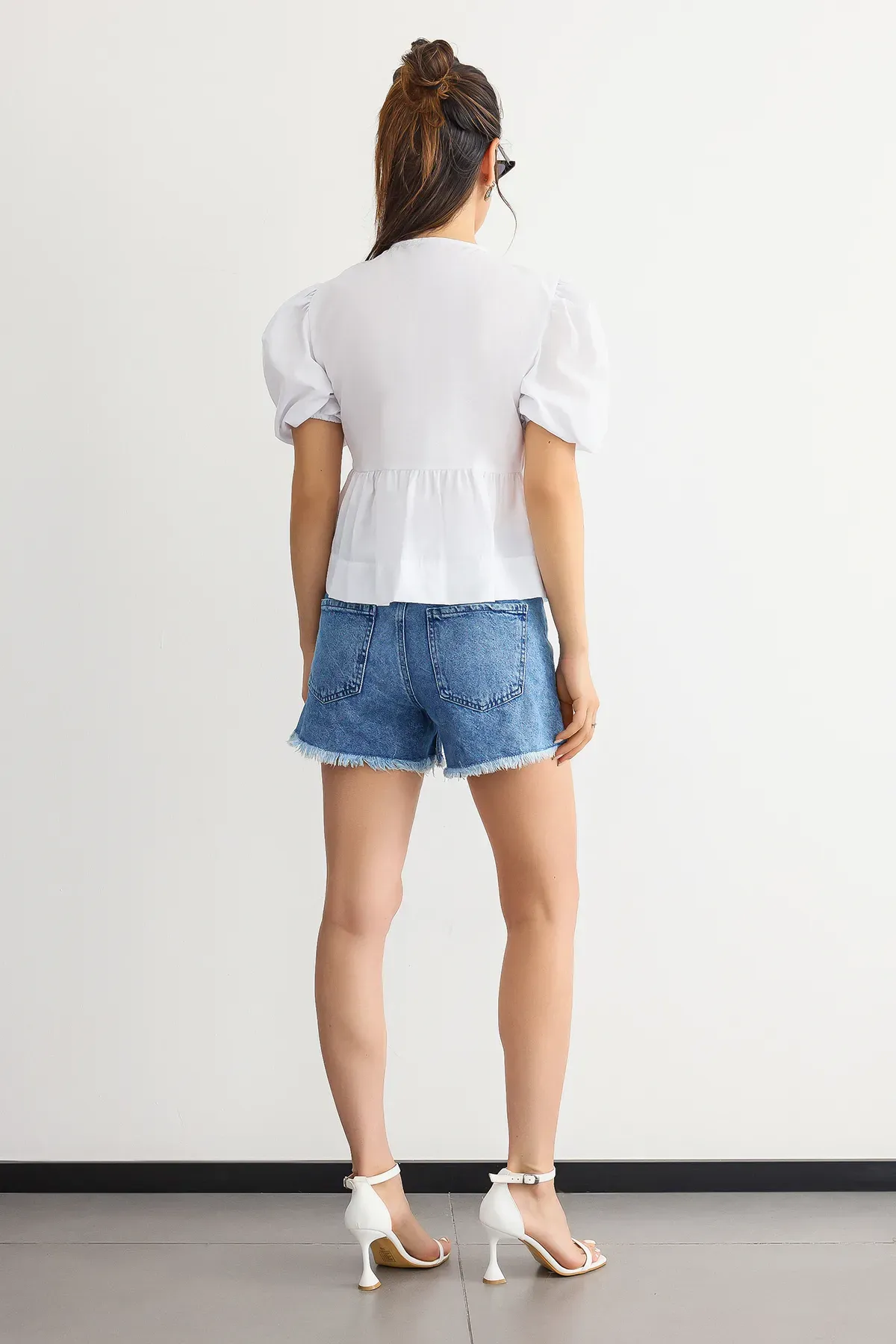Tie-Up Neck Blouse with Puff Sleeves 4