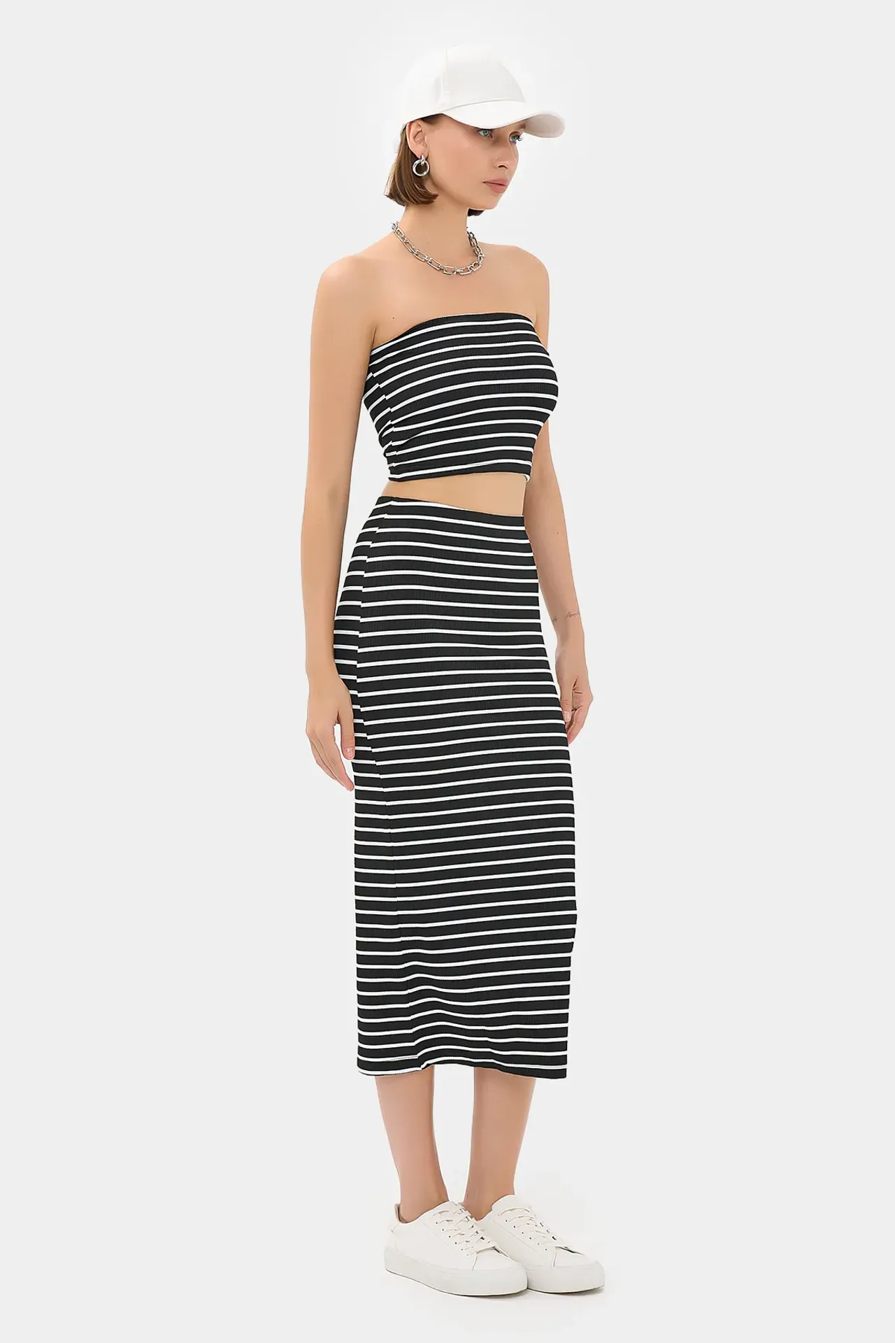 2 Pieces: Striped Strapless Crop top & Striped Mid Rise Midi Skirt