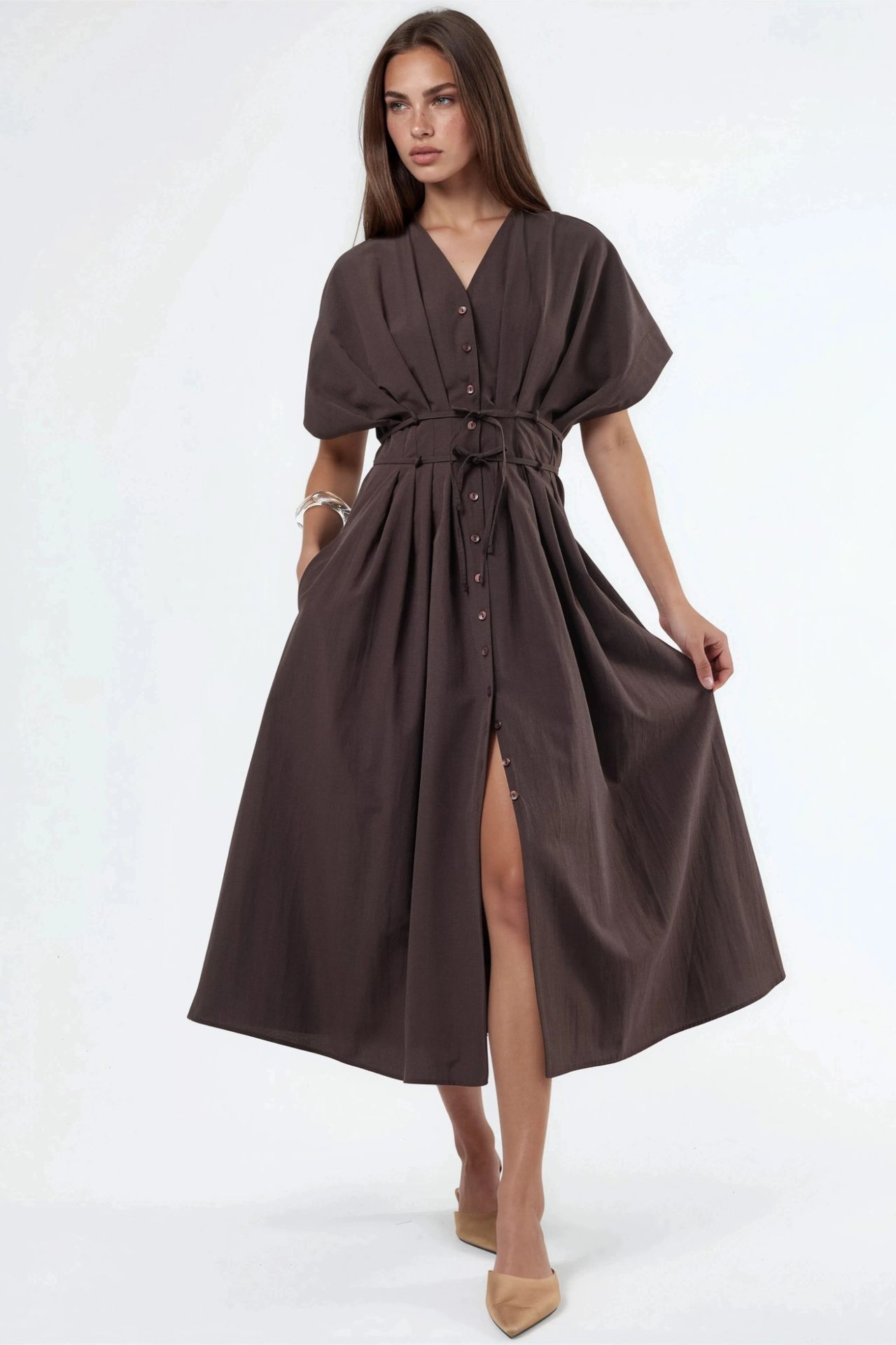 BUSEM Casual V-Neck Midi Shirt Dress