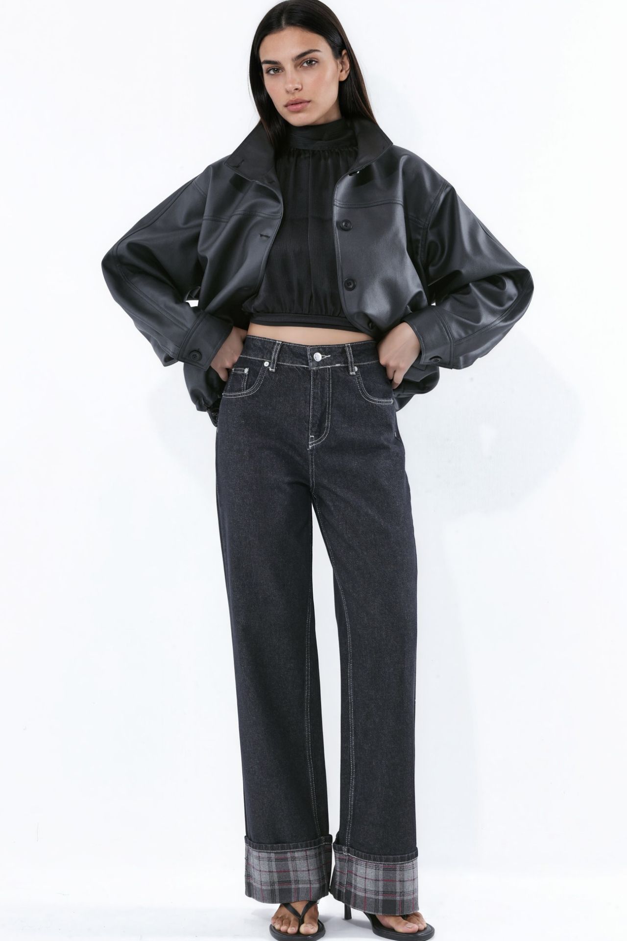 High Waist Wide Leg Jeans with Plaid Hem Detail 4