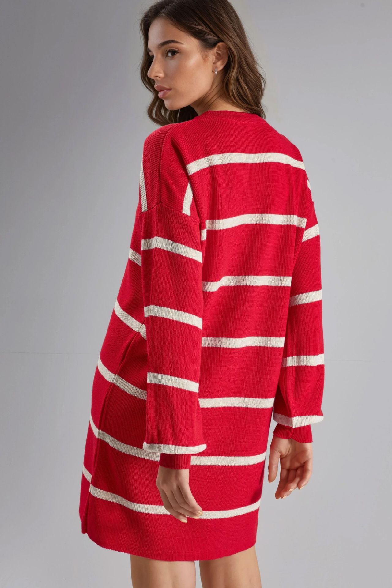 MY FASHION Ribbed Striped Knit Mini Dress with Crew Neck 4