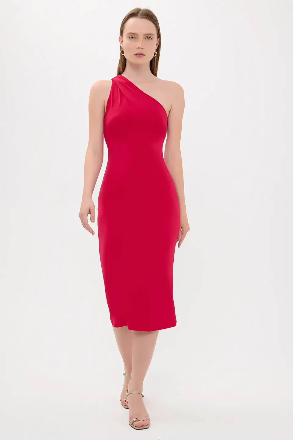 One-Shoulder Solid Midi Dress