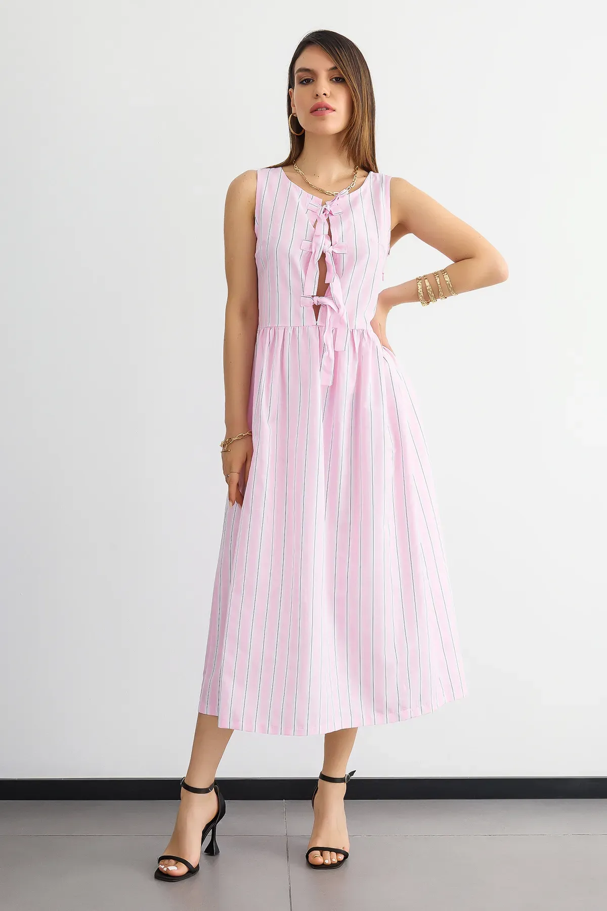 Striped Sleeveless Tie-Front Midi Dress 2