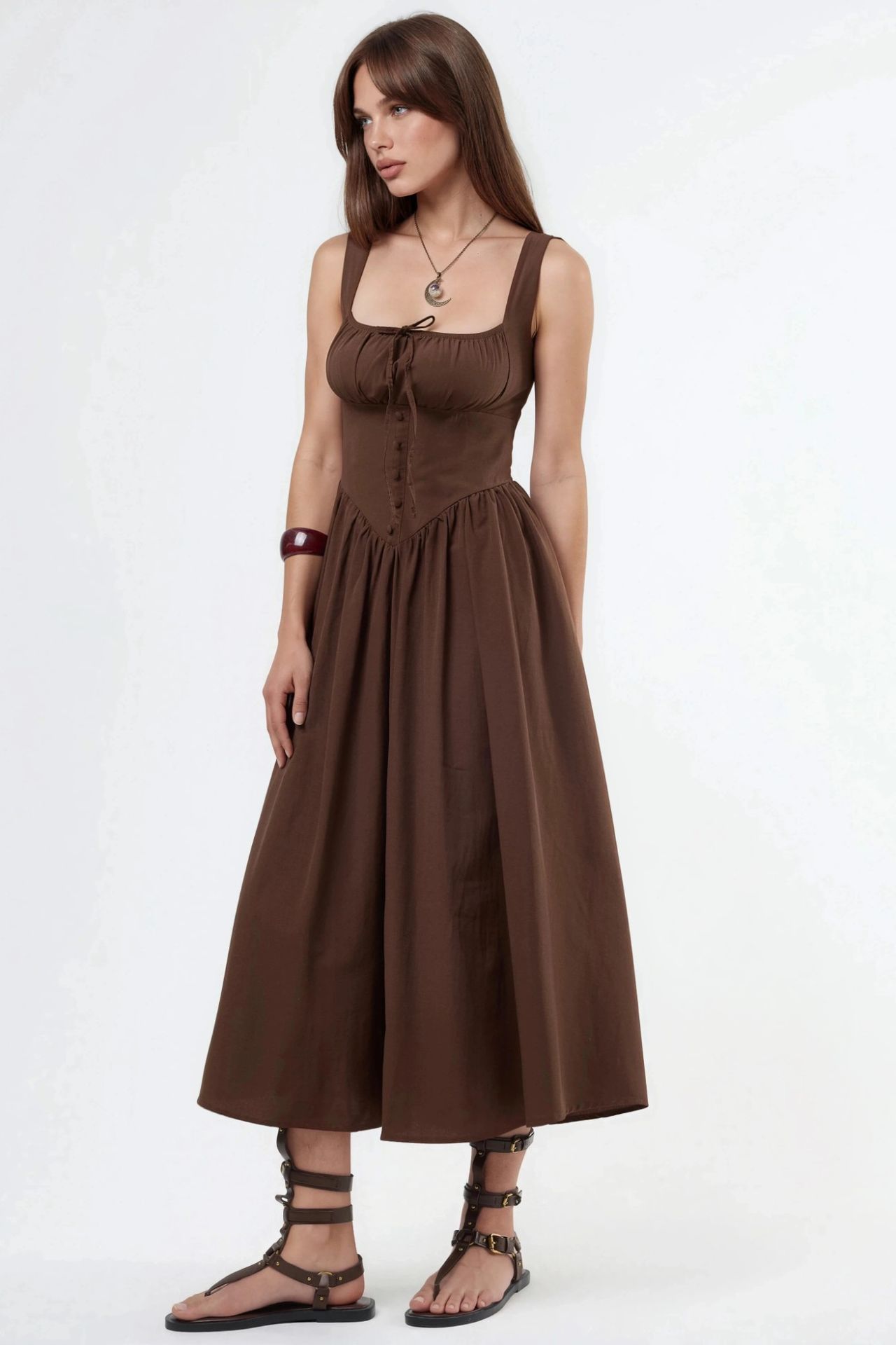 BUSEM Midi Dress with Square Collar and Button Detail