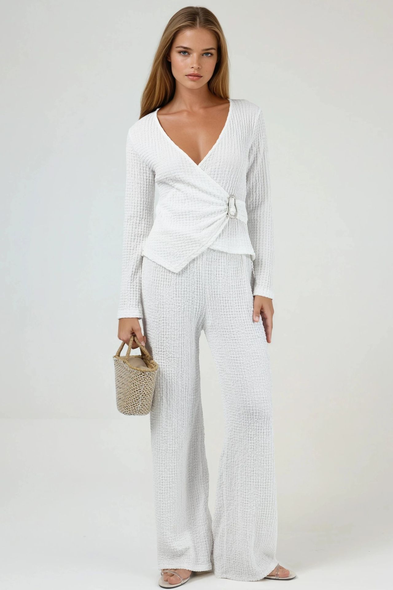 BUSEM Textured V-Neck Wrap Top with Belt 3