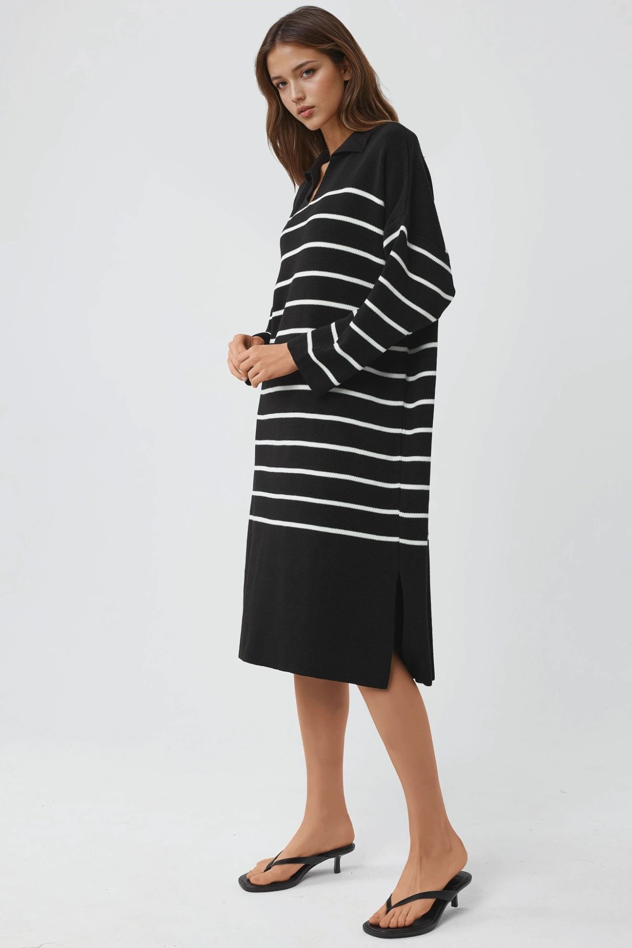 MY FASHION Striped V-Neck Loose Fit Midi Knit Dress with Slit 2