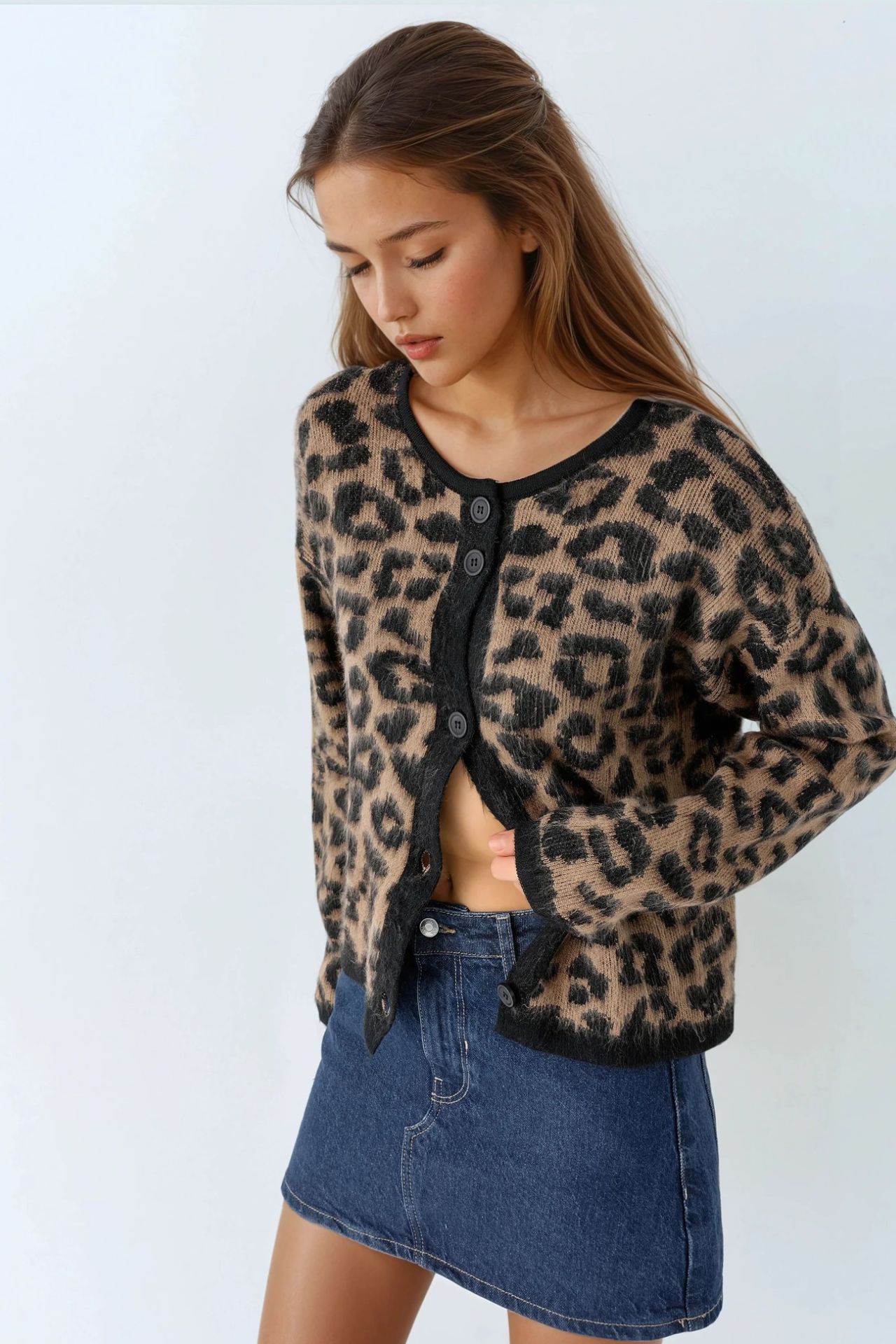 MY FASHION Leopard Print Button-Up Cardigan