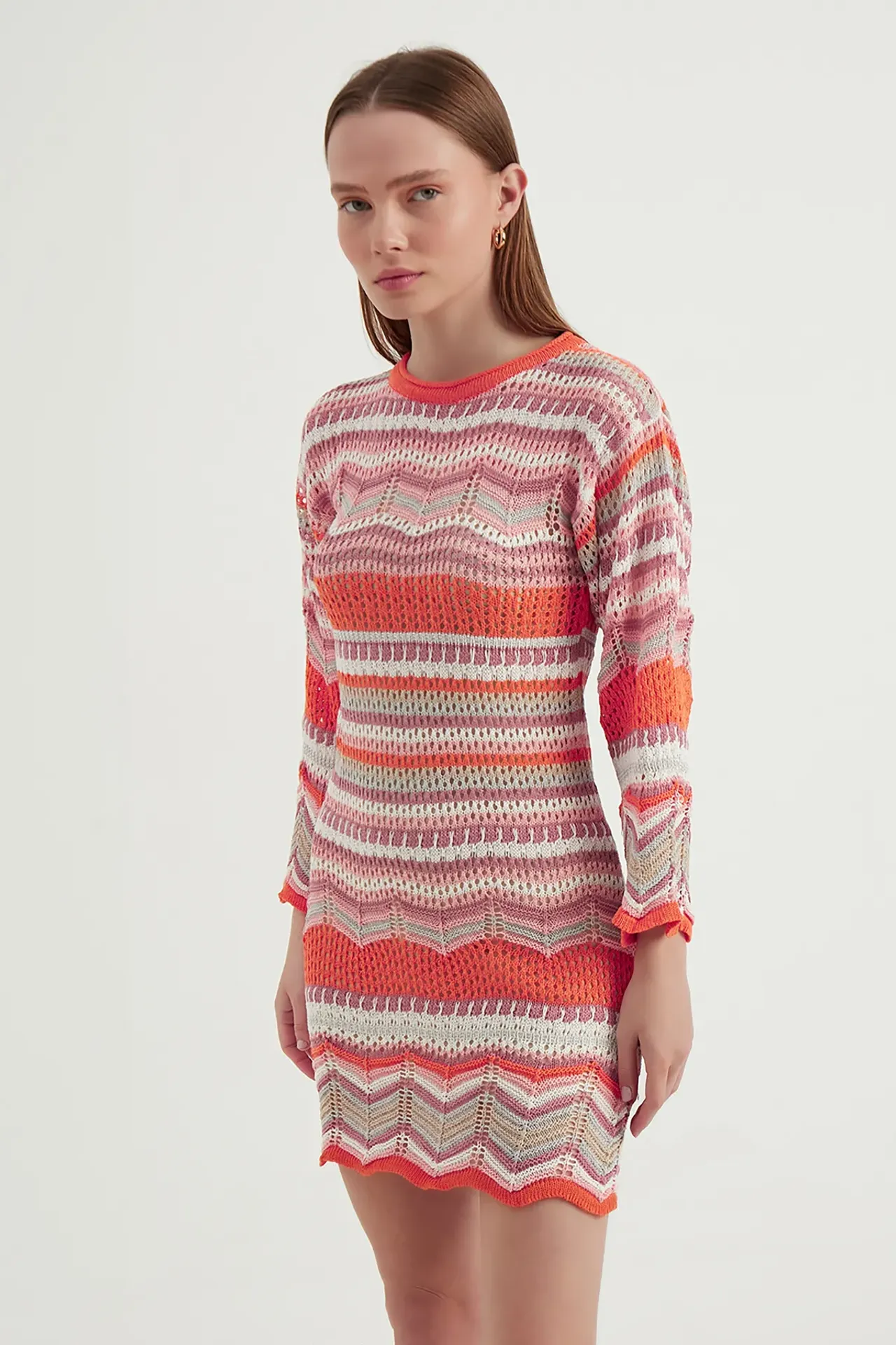 Geometric Crew Neck Crochet Bell Sleeves Mini Dress