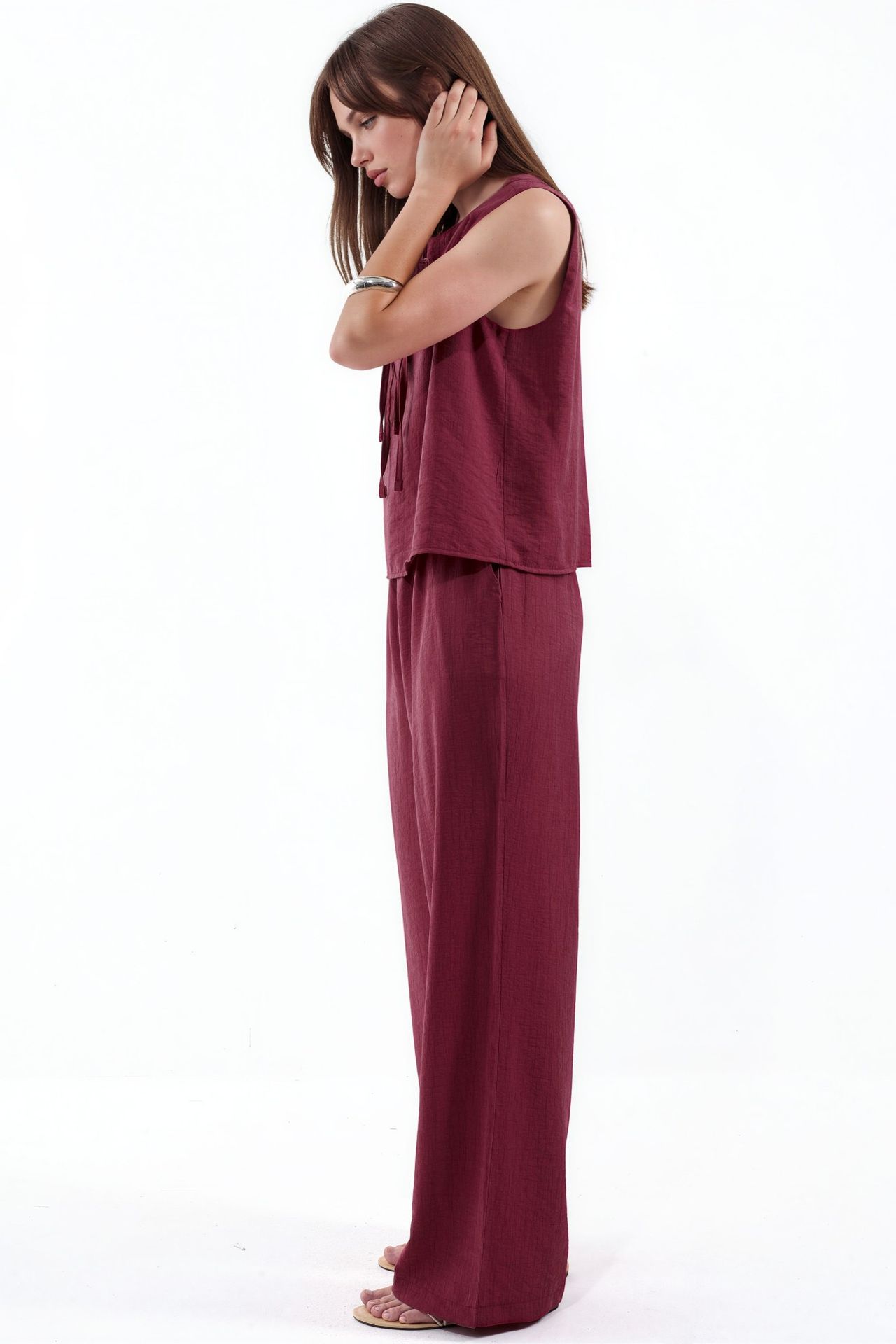 Viscose Blend Blouse with Tie Detail & Elastic Waist Pants Set 2