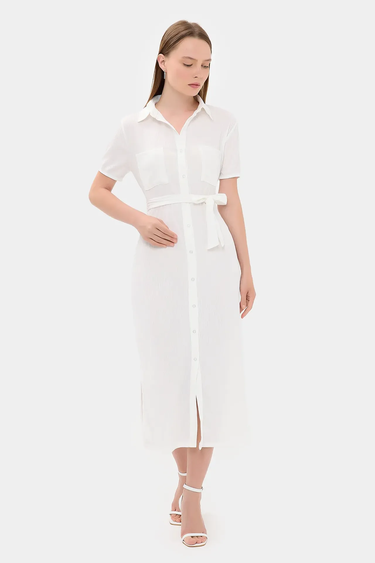 Midi Belted Shirt Dress with a Front Slit