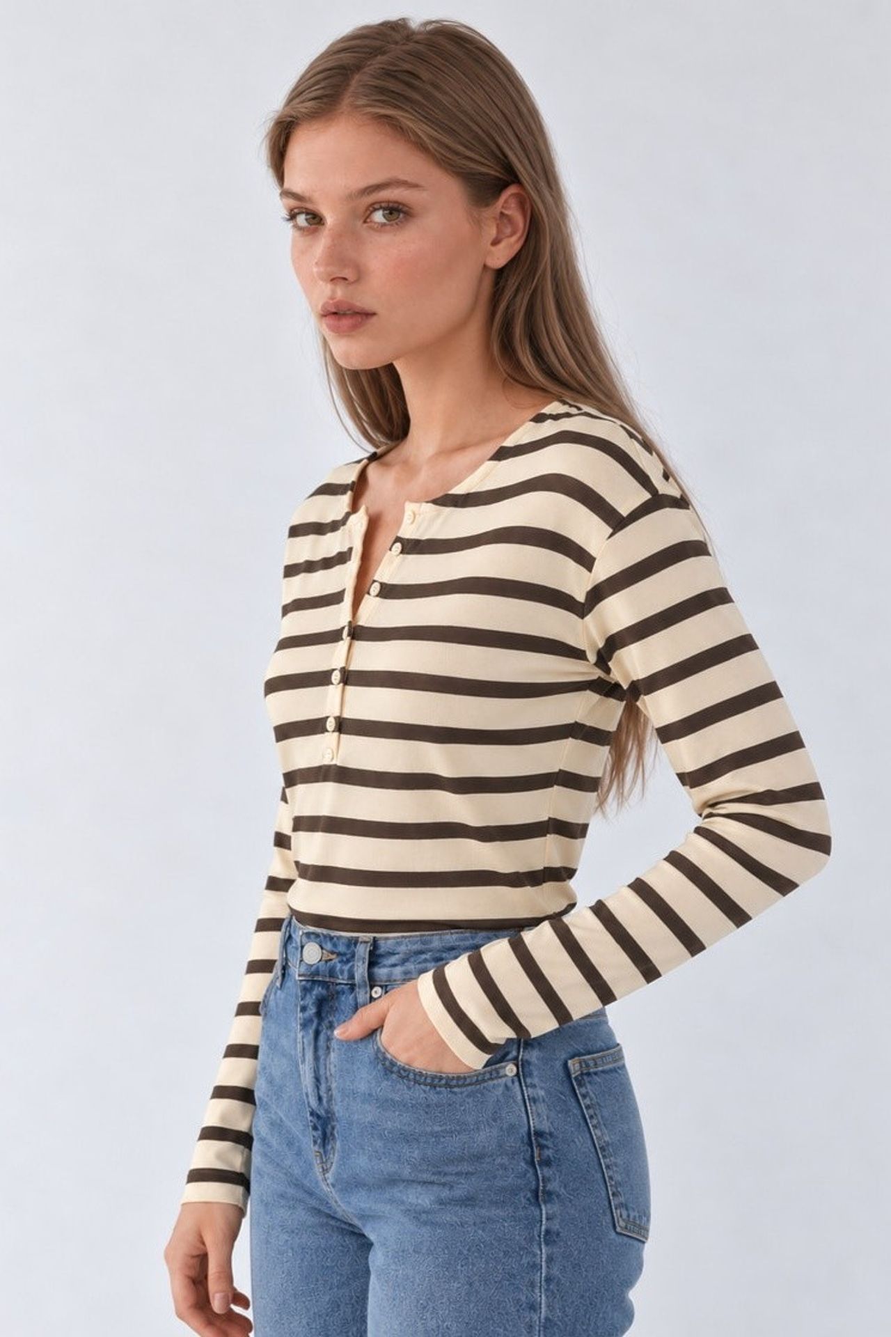 Striped Button Neck T-Shirt 3