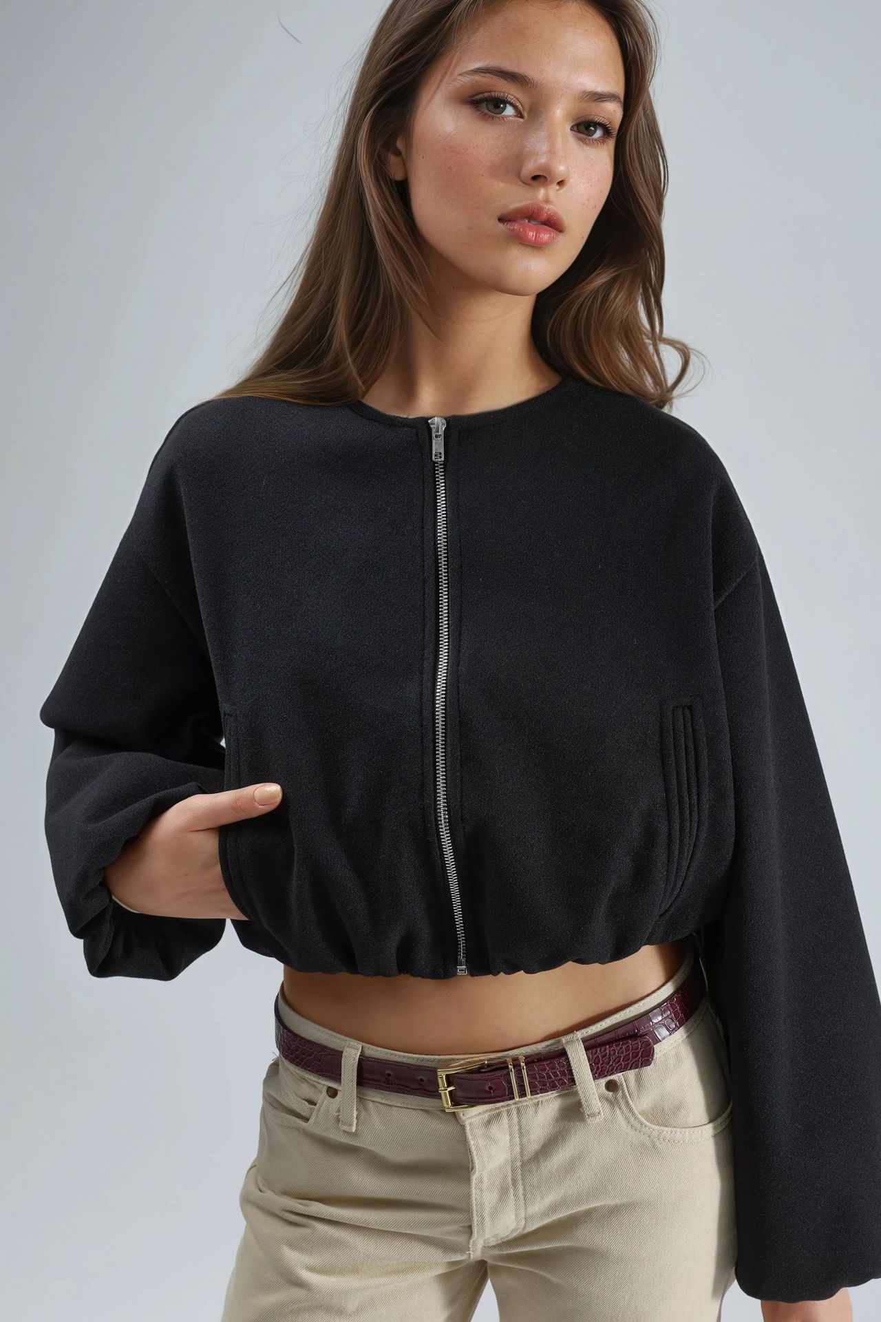 BUSEM Crop Gabardine Jacket with Zipper and Pocket
