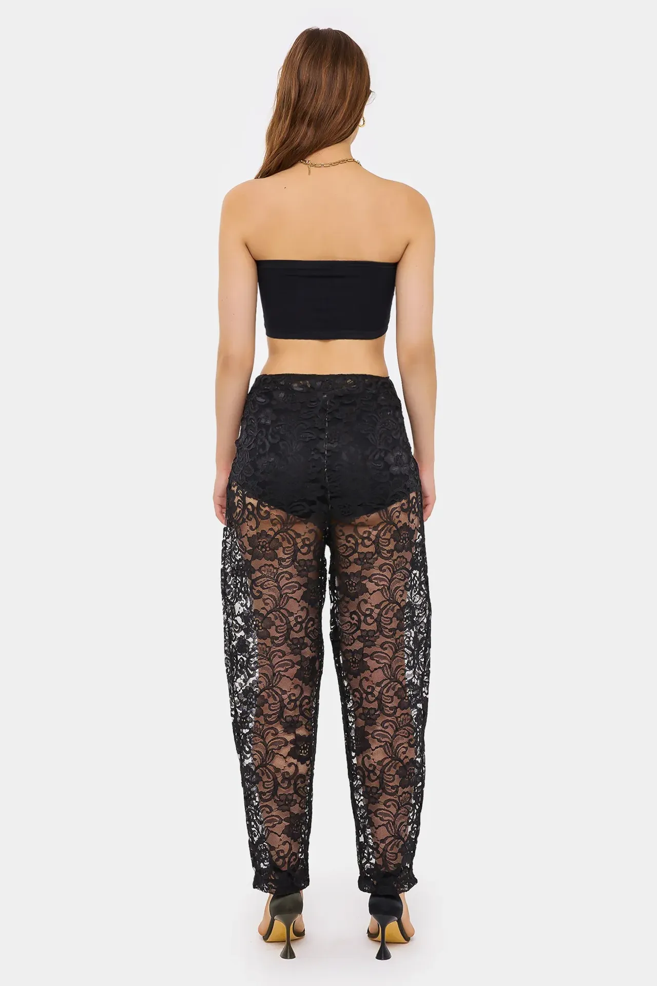 High-Waist Lace Trousers with Mesh Detail