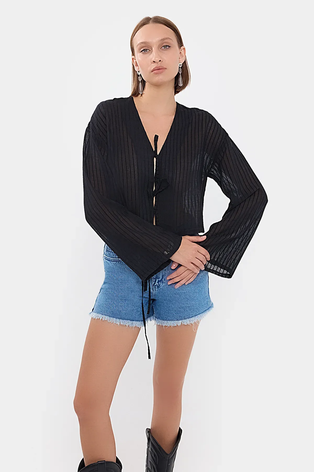 Striped Mesh V-Neck Blouse with Tie-Front 3