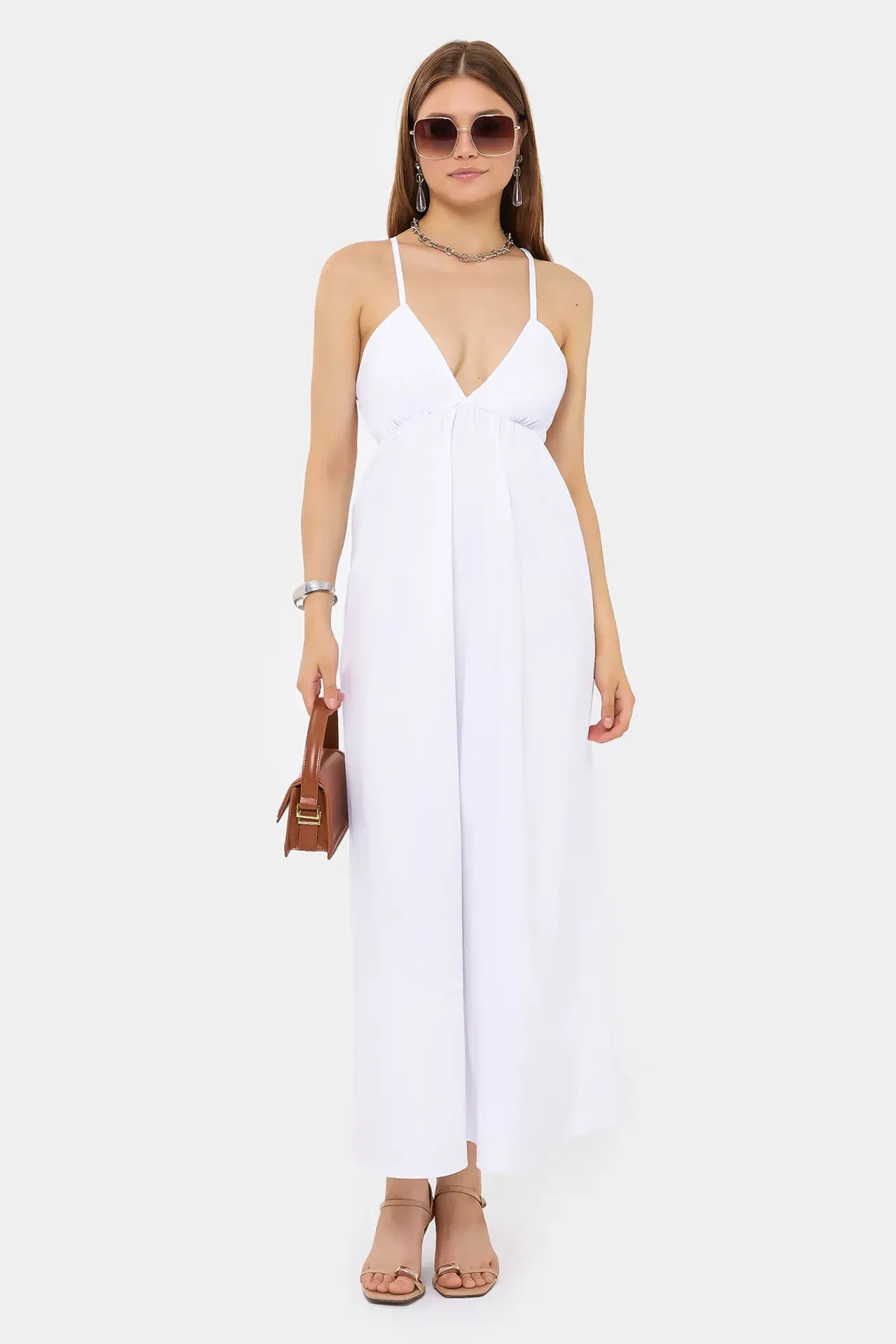 Cotton Maxi Dress with Spaghetti Straps and Tie-Back