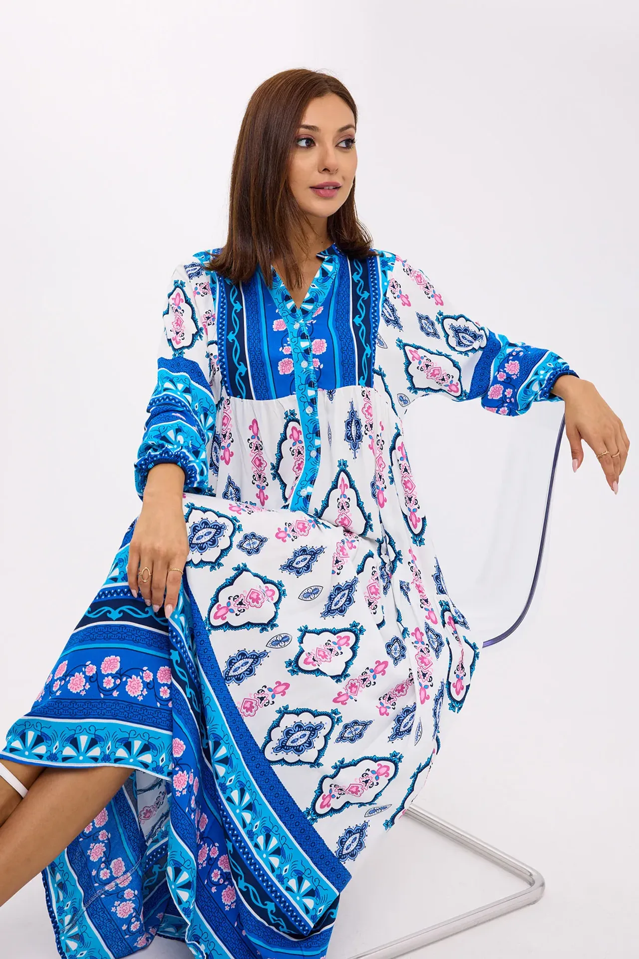 Abstract Print Tiered Shirt Maxi Dress