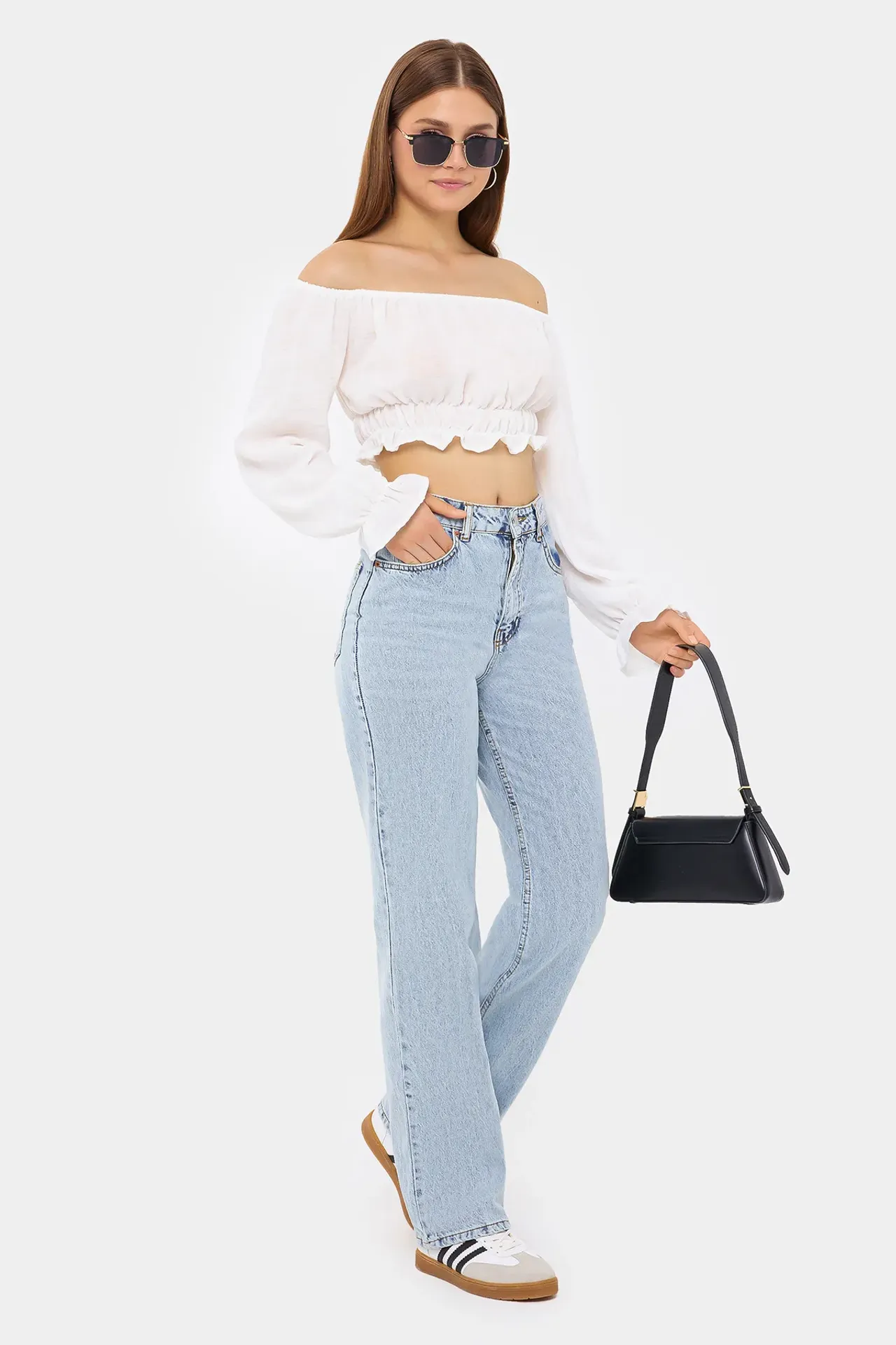 Off-Shoulder Linen Cropped Top with Long Sleeves and Ruffle Detail
