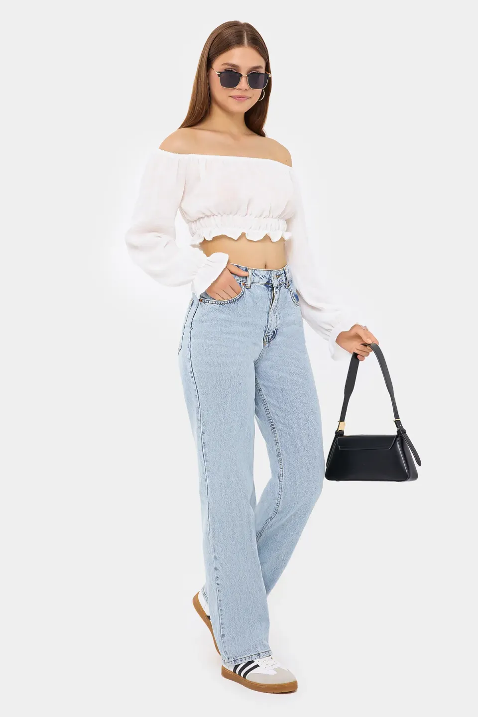 Off-Shoulder Linen Cropped Top with Long Sleeves and Ruffle Detail