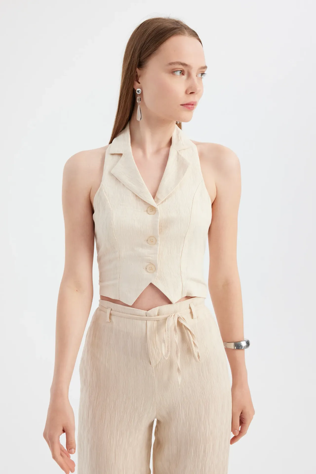 Sleeveless Woven V-Neck Buttoned Waistcoat