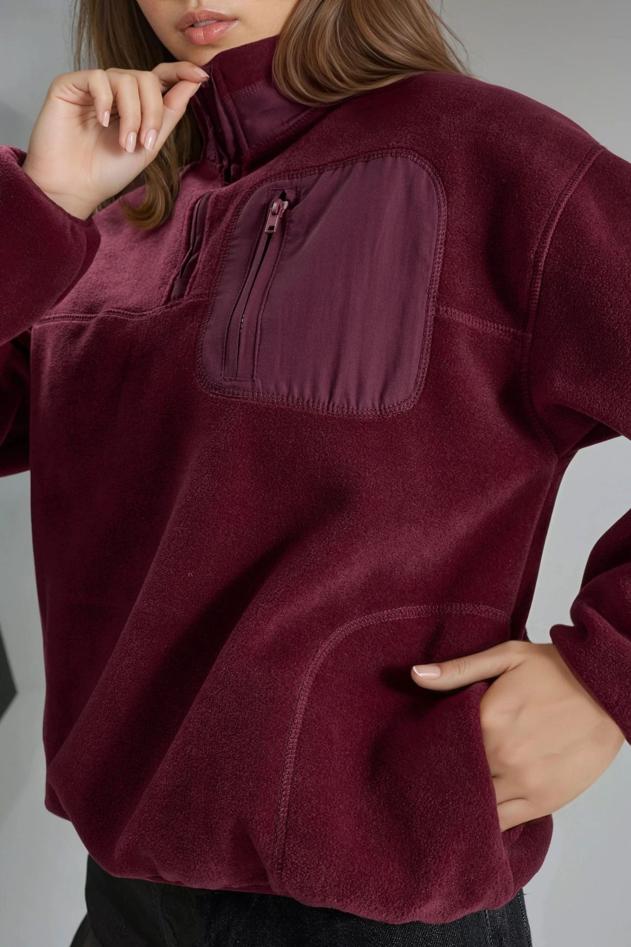 BUSEM Zipper Collar Plush Knit Sweatshirt with Pocket