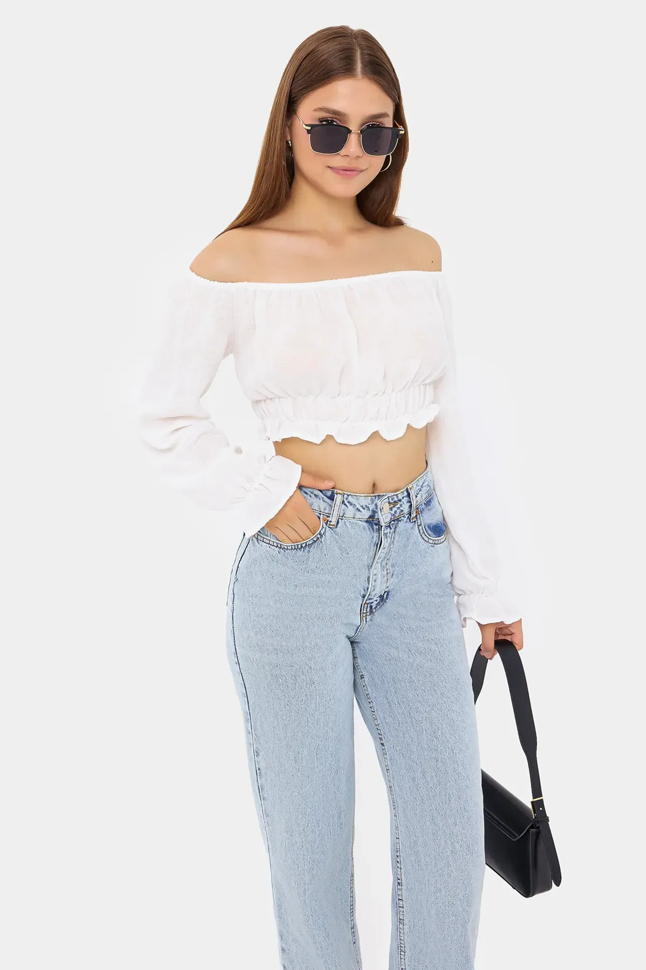 Off-Shoulder Linen Cropped Top with Long Sleeves and Ruffle Detail