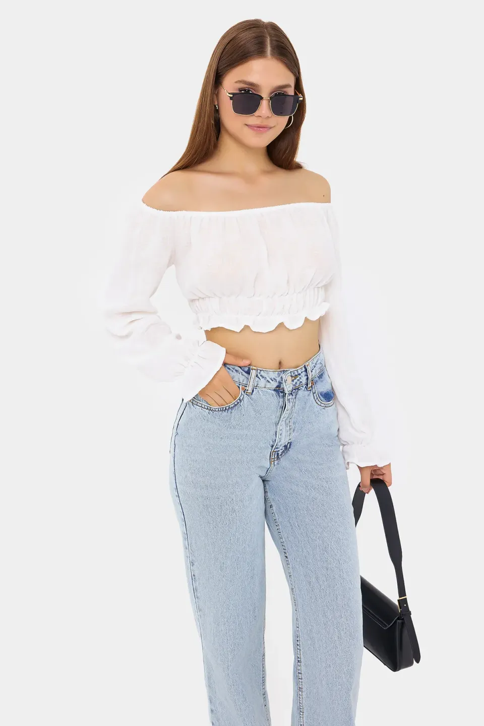 Off-Shoulder Linen Cropped Top with Long Sleeves and Ruffle Detail