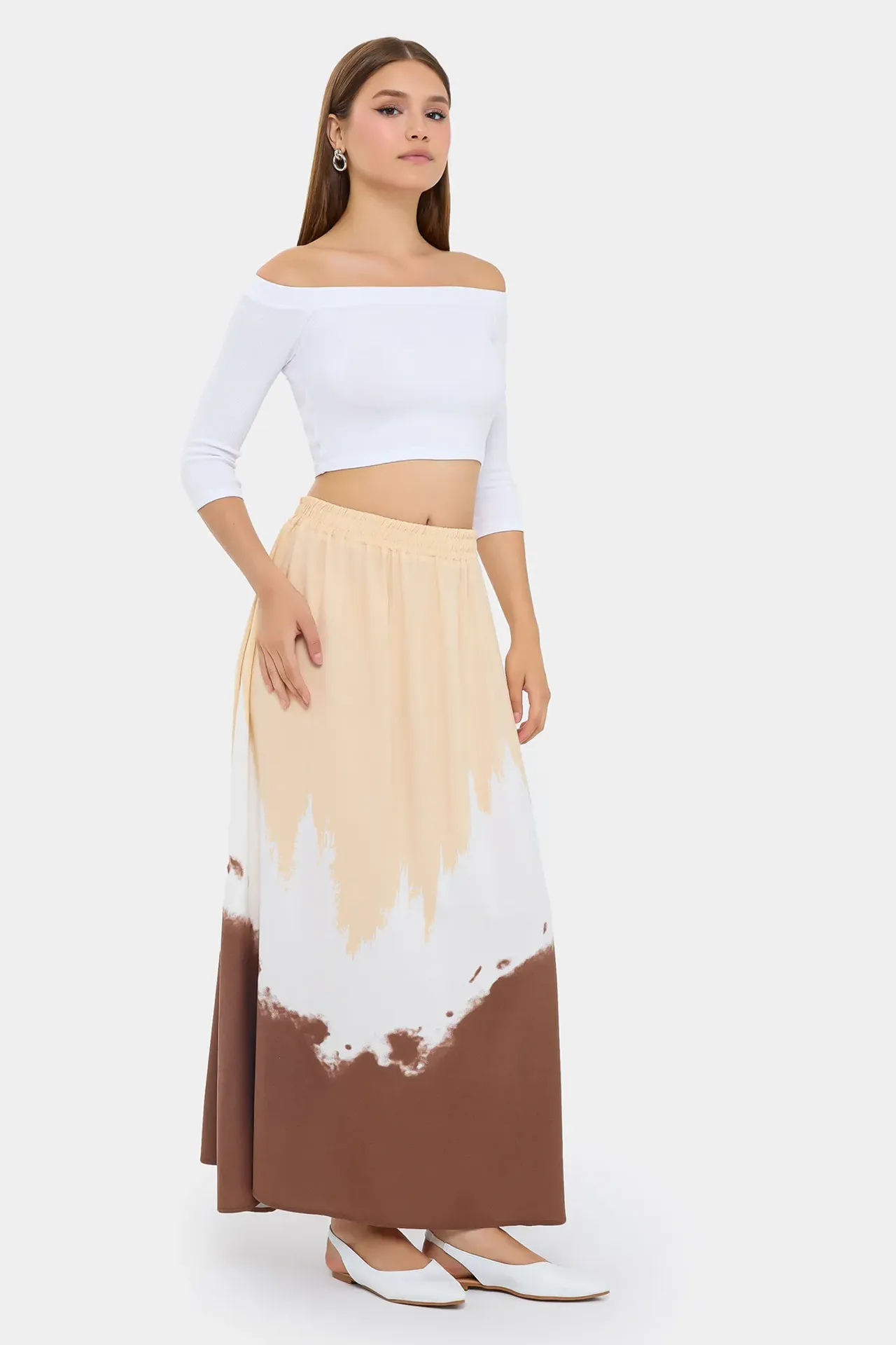 Watercolor Printed Maxi Skirt with Elastic Waist