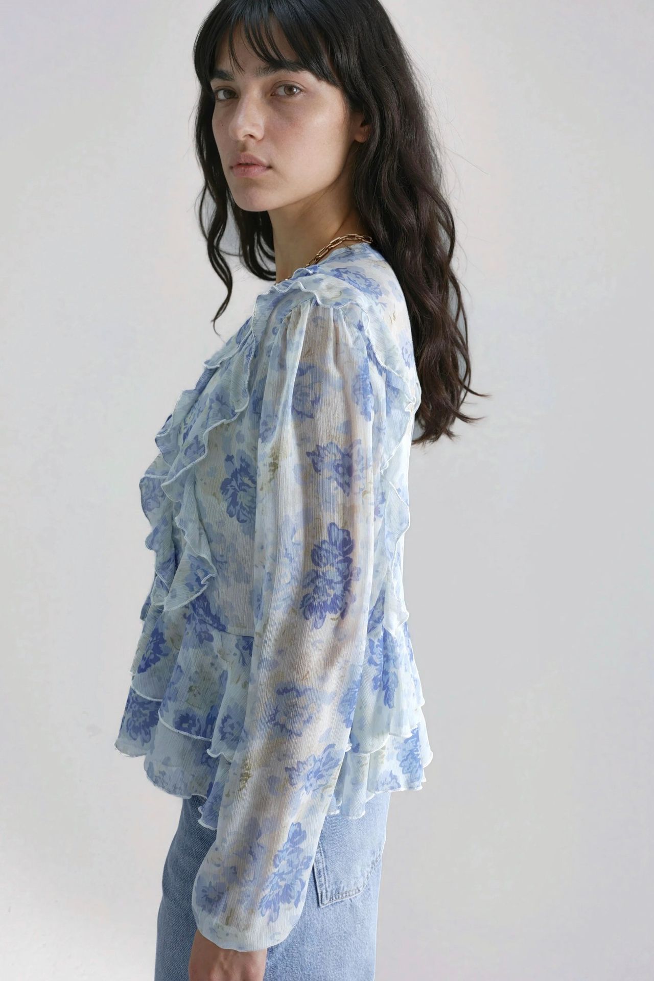 Frilly V-Neck Patterned Blouse 2