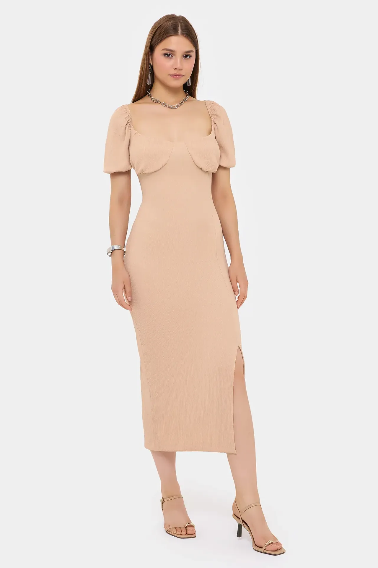 Sweetheart Neck Puff Sleeve Midi Dress with Side Slit