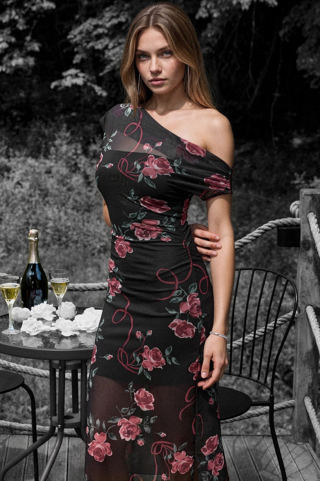 Asymmetrical Collar Flowering Midi Dress 2