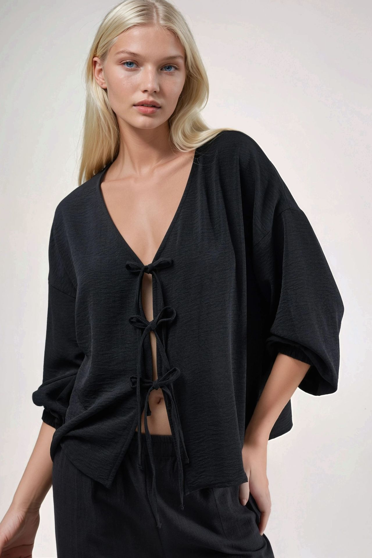 Oversized V-Neck Tie Closure Blouse 2